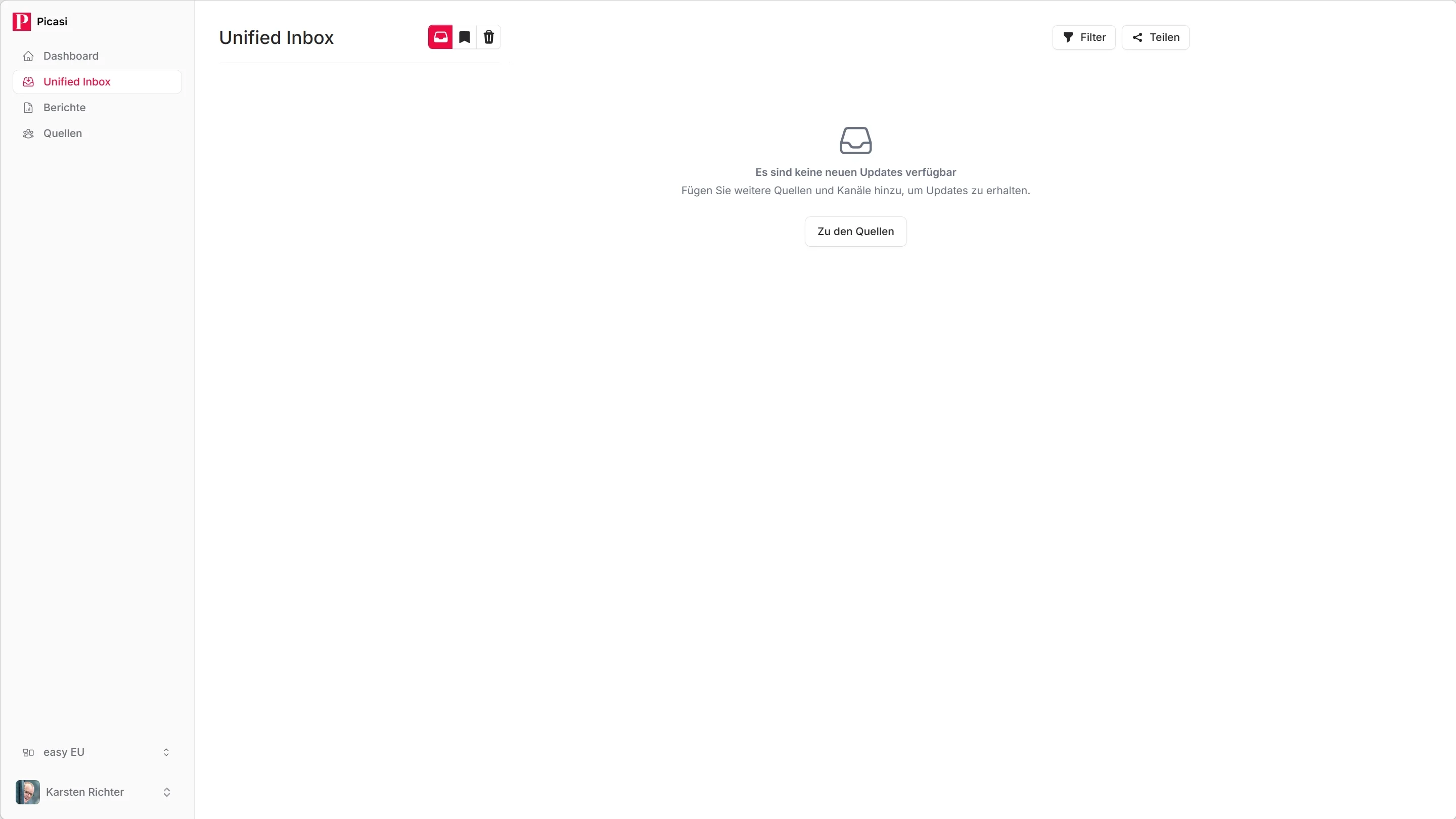 Inbox mit den drei Ordner-Tabs Posteingang, Gespeichert und Verworfen sowie Update-Liste auf der linken Seite