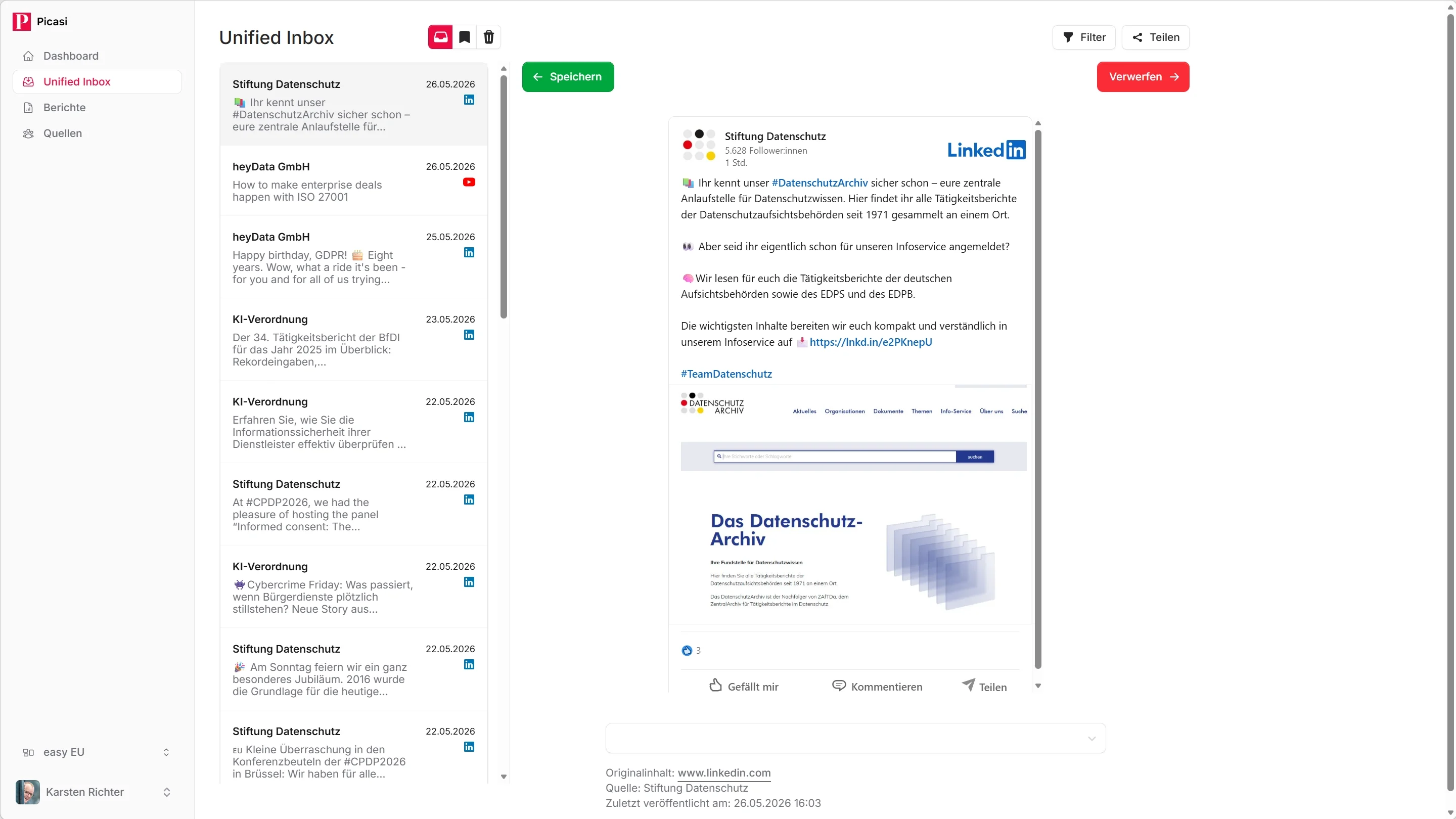 Update-Detailansicht mit Volltext, Speichern- und Verwerfen-Buttons und Link zum Original