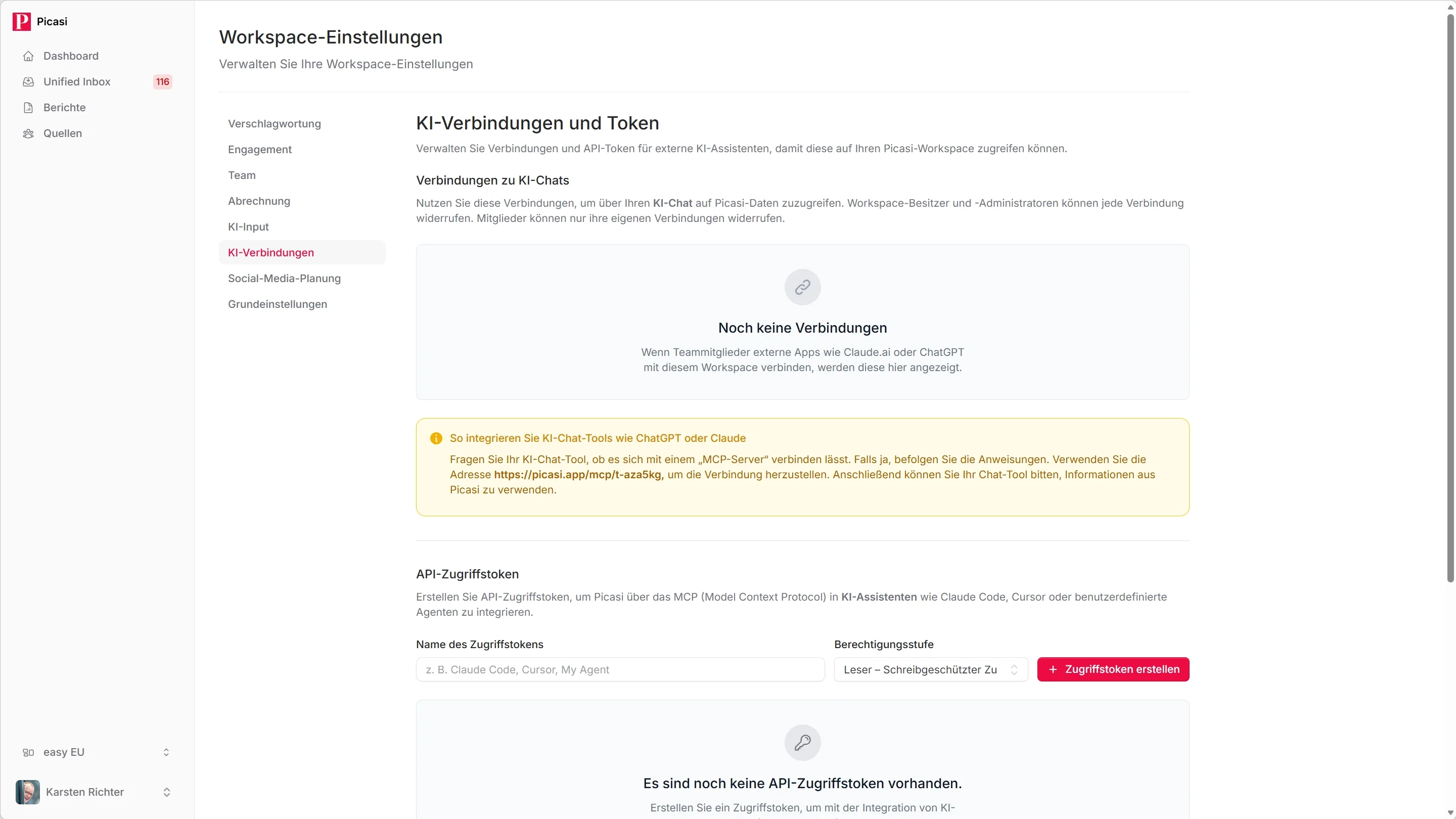 Einstellungsseite KI-Verbindungen und Token mit leerer Token-Liste und Button Neuen Token erstellen