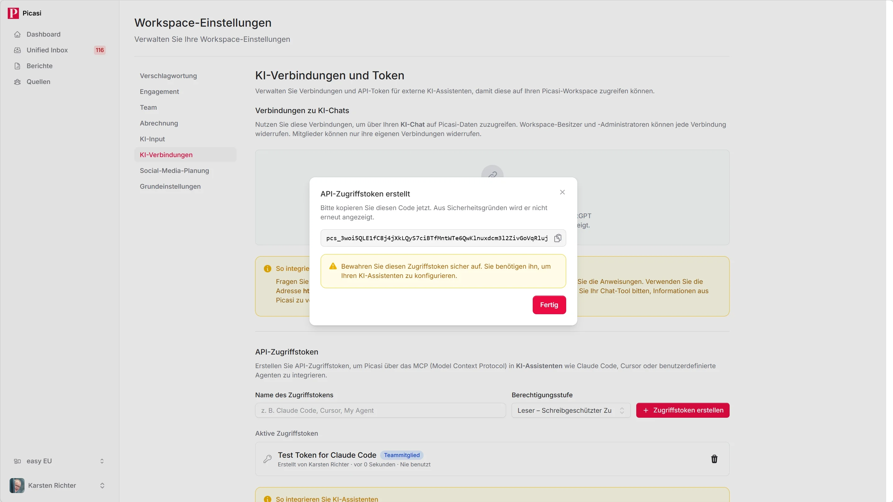 Neu erstellter API-Token mit vollständigem Token-String und Kopieren-Button