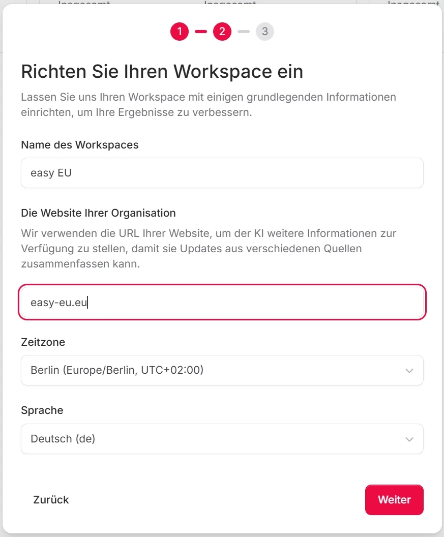 Onboarding-Wizard Schritt 1 mit Eingabefeld für den Workspace-Namen