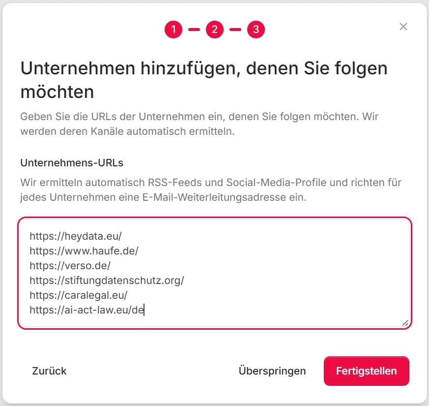 Onboarding-Wizard Schritt 2 mit URL-Eingabefeld für erste Wettbewerber-Quellen