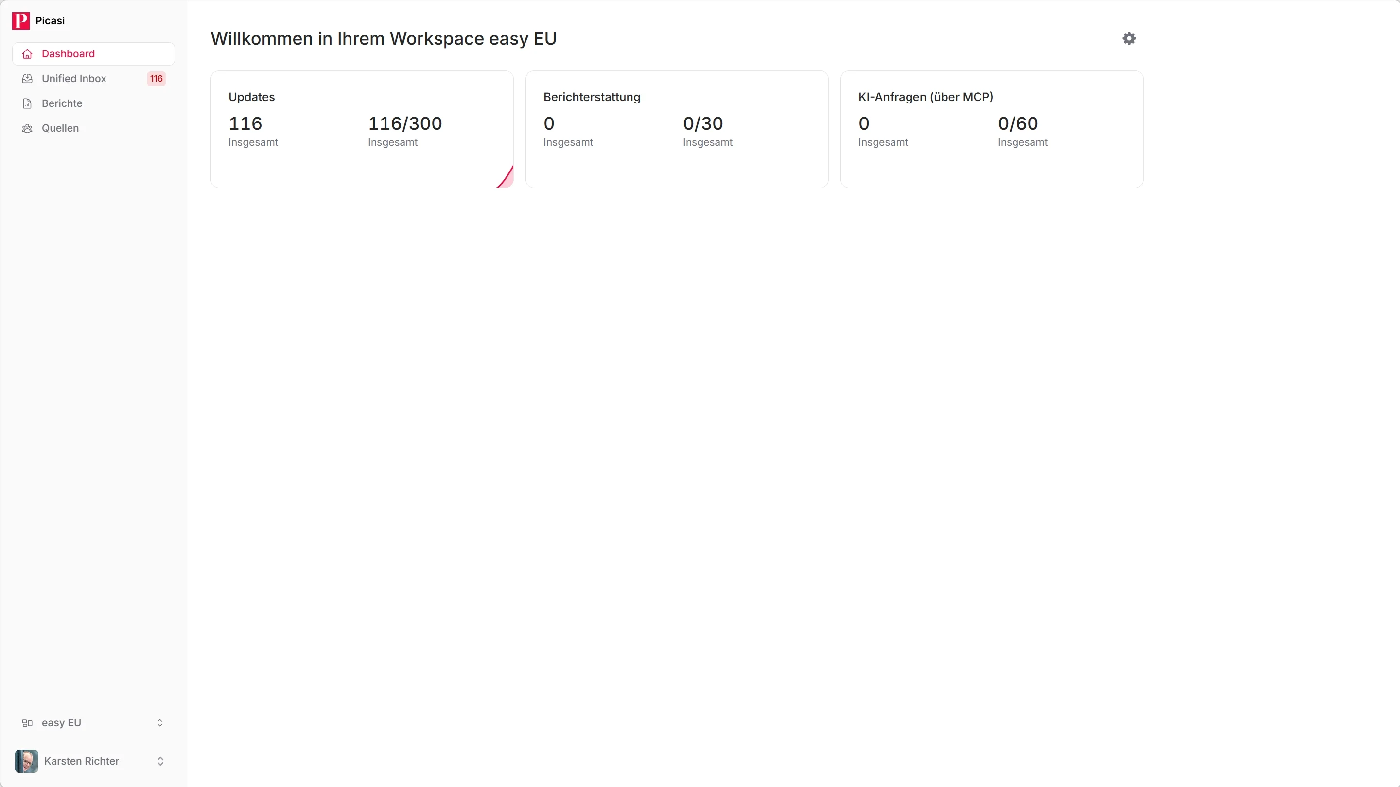 Dashboard nach dem Onboarding mit Updates-Zähler, aktiven Quellen und Limit-Fortschritt
