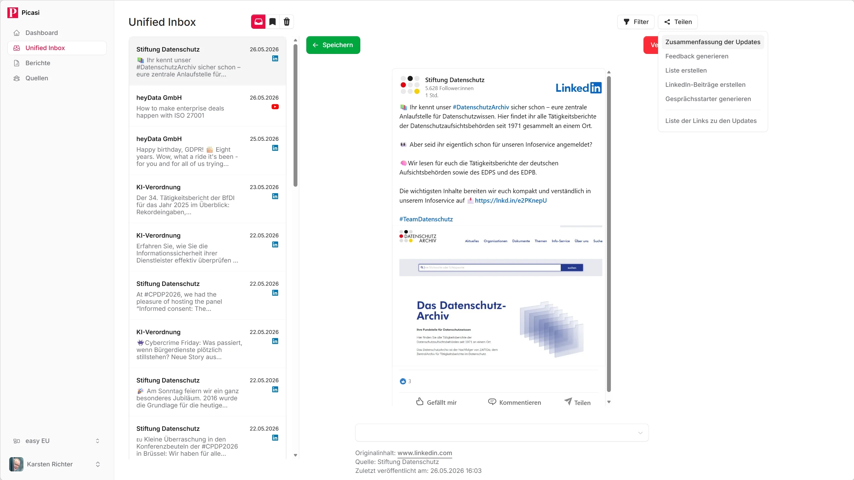 Berichts-Generator-Modal mit Typ-Auswahl: Zusammenfassung, Analyse, Liste, LinkedIn-Posts und Gesprächsstarter