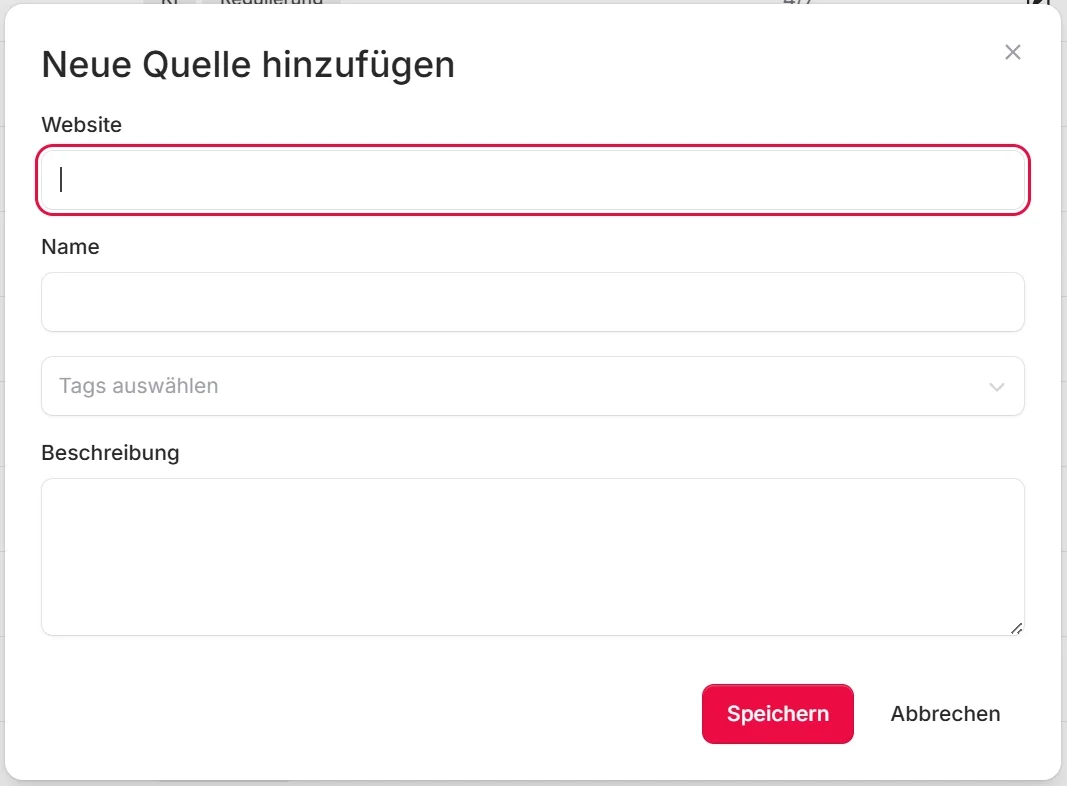 Leeres Formular „Neue Quelle“ mit den Feldern URL, Name und Tags
