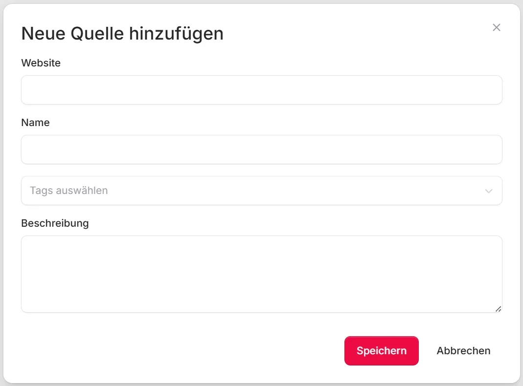 Ausgefülltes Formular zum Anlegen einer Quelle mit eingetragener URL, Name und Speichern-Button