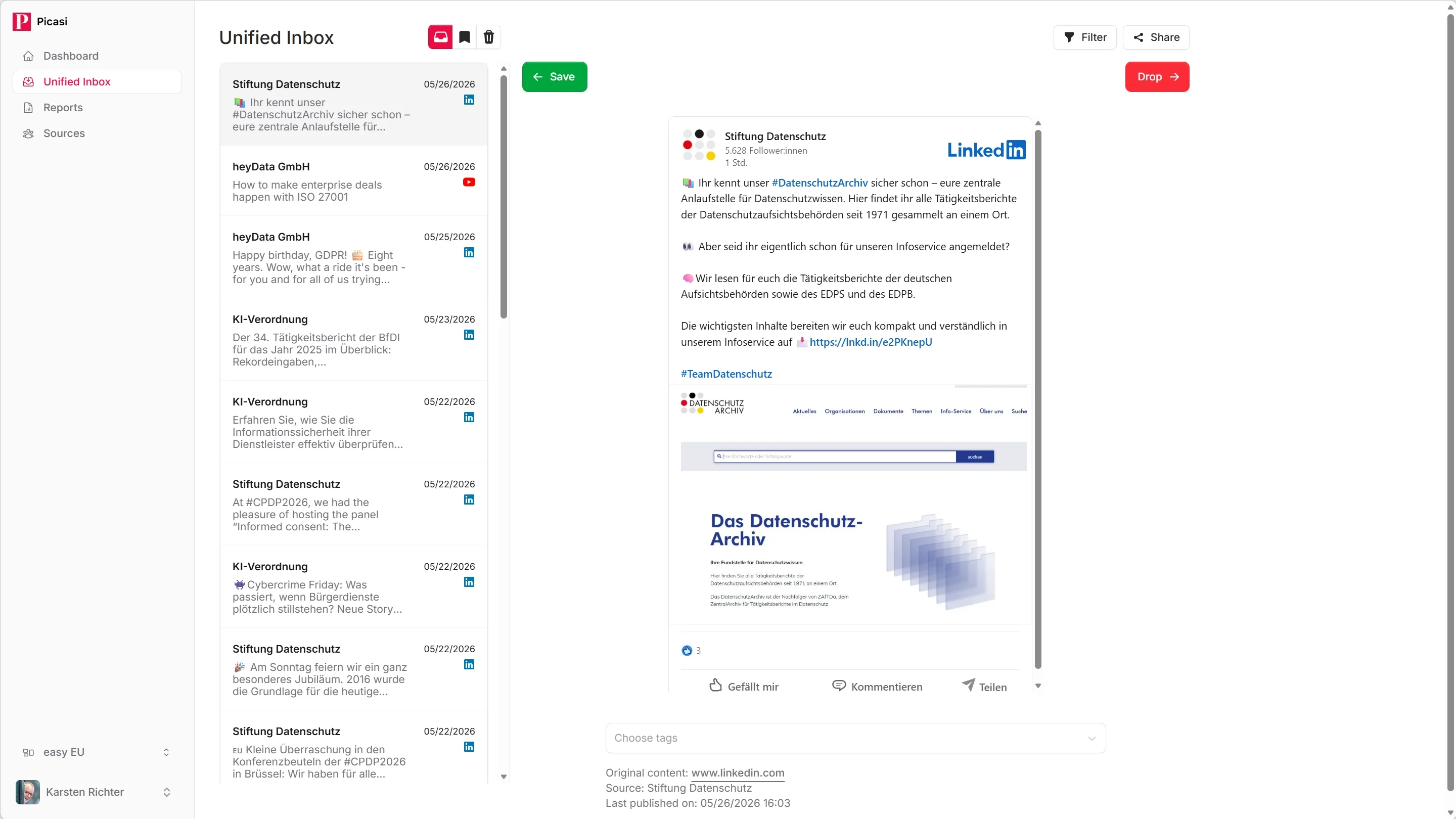 Update detail view with full text, Save and Discard buttons, and a link to the original