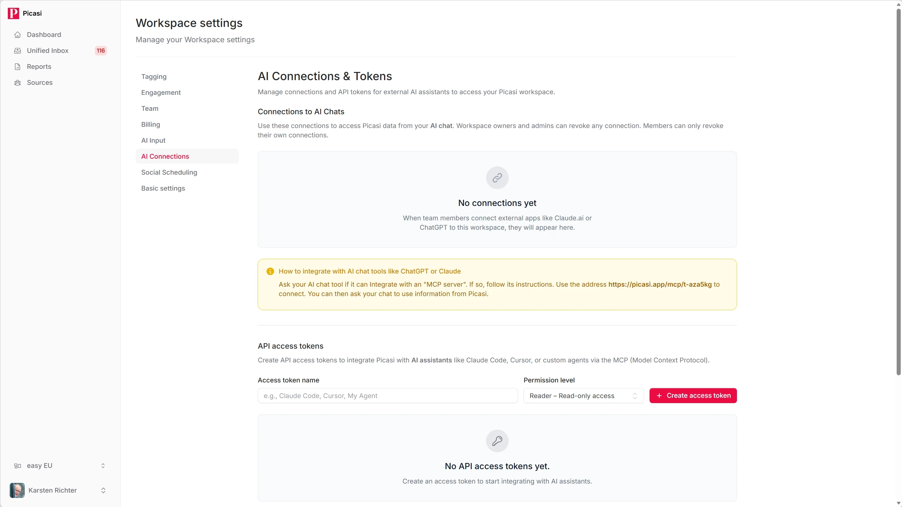 AI connections and tokens settings page with empty token list and Create new token button