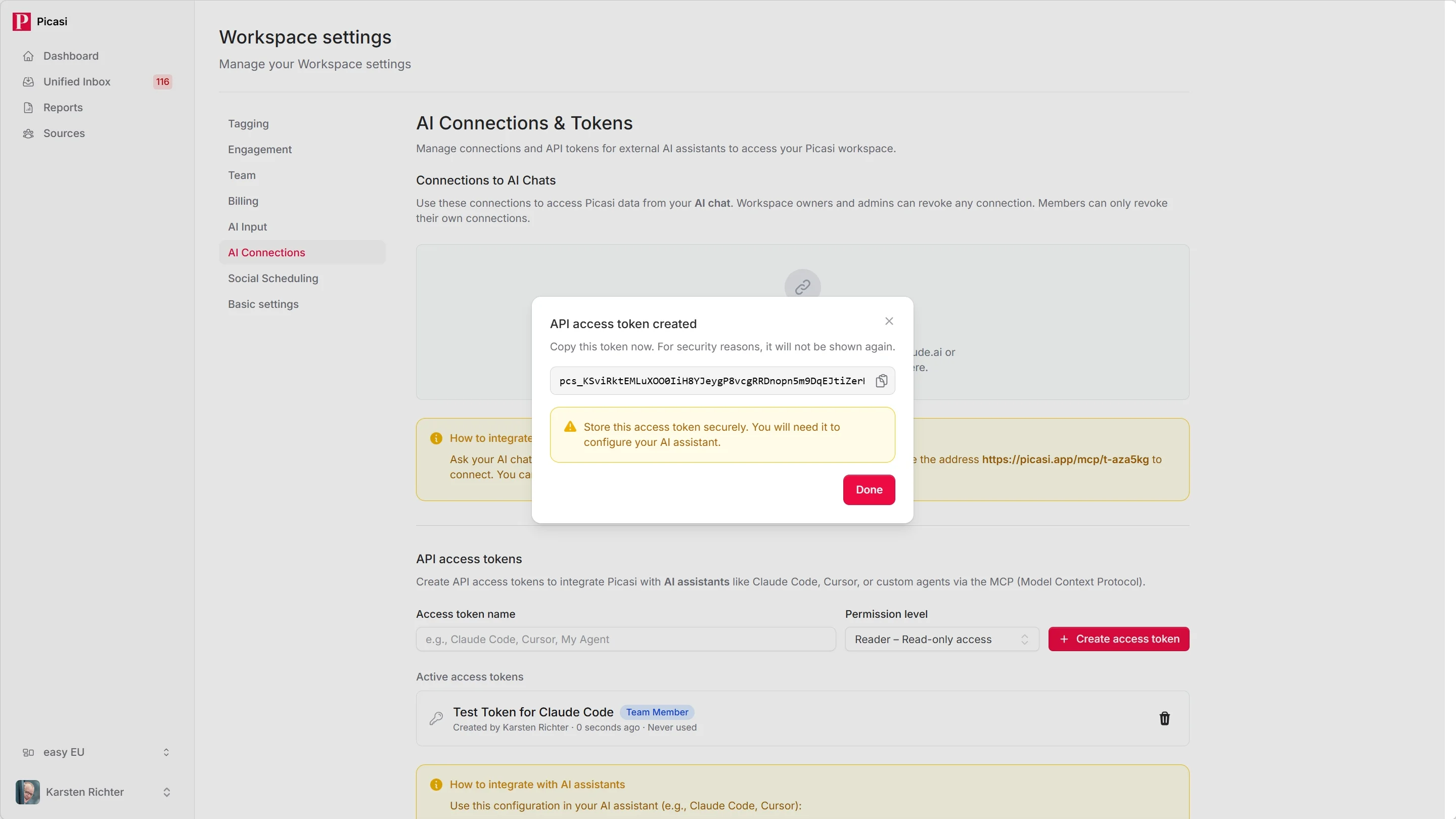 Newly created API token with complete token string and copy button