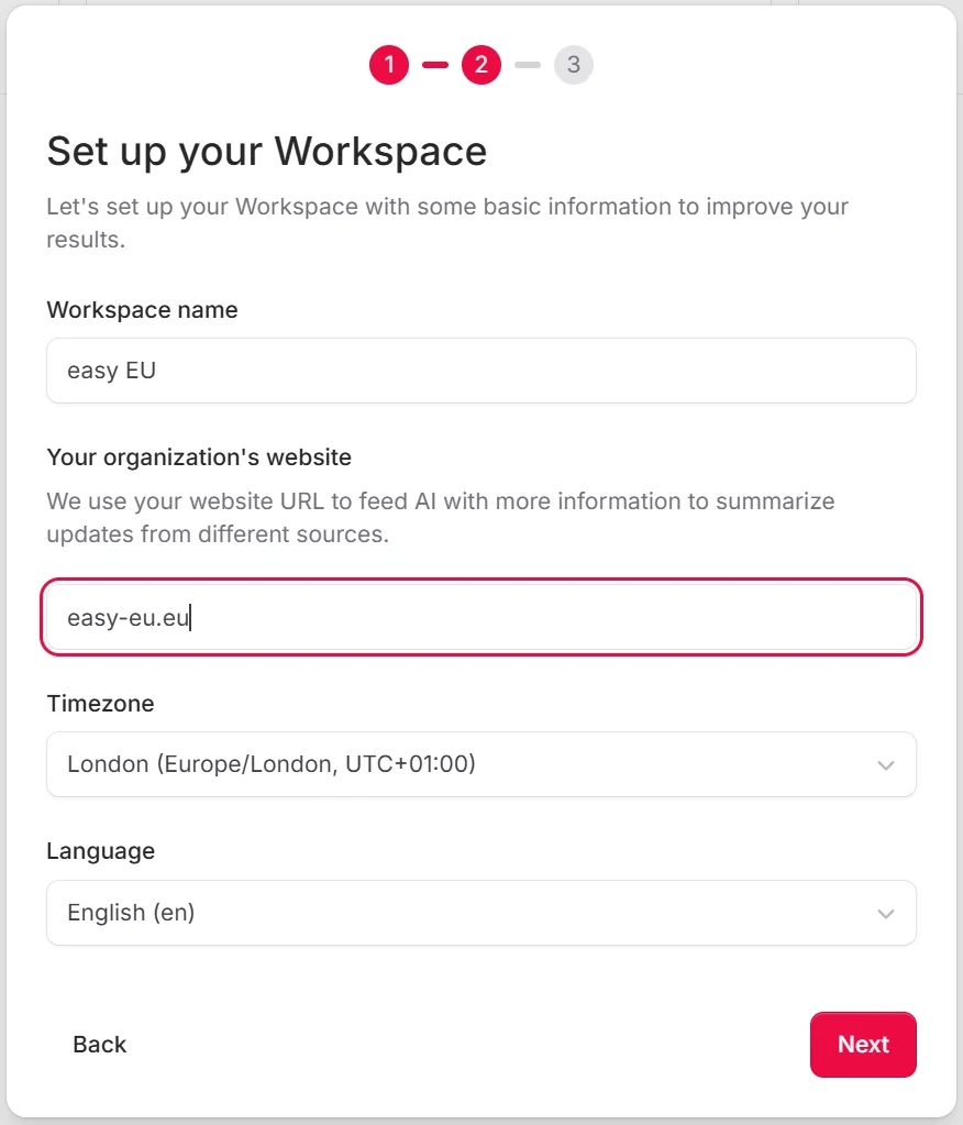 Onboarding wizard step 1 with input field for the workspace name