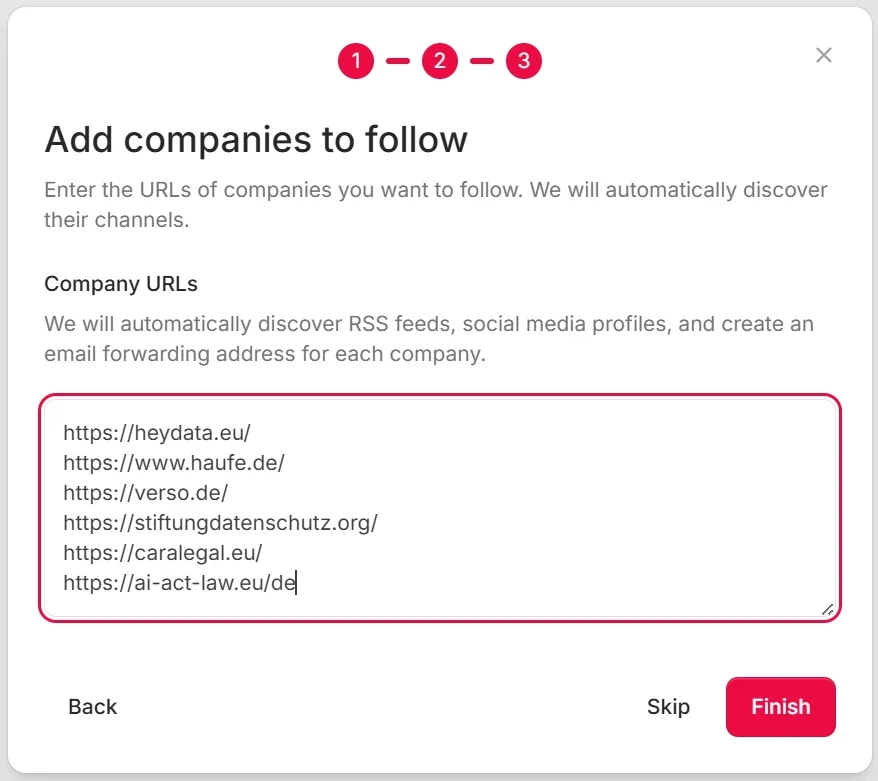Onboarding wizard step 2 with URL input field for first competitor sources