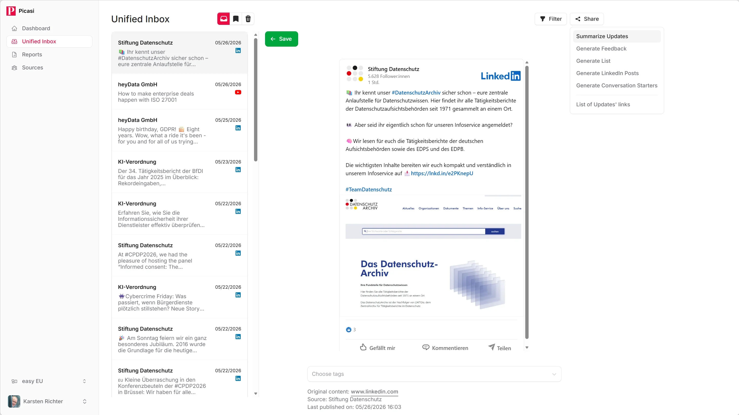 Report generator modal with type selection: Summary, Analysis, List, LinkedIn Posts and Conversation Starters
