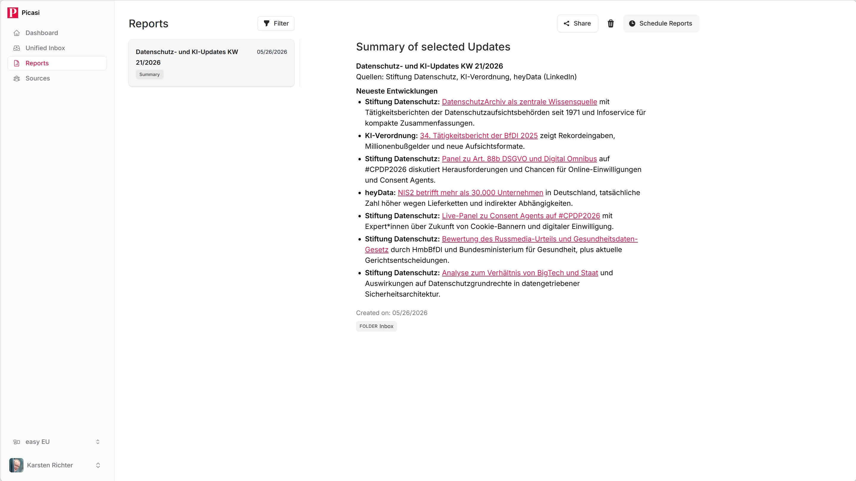 Generated summary report in the detail view with title, content and export button