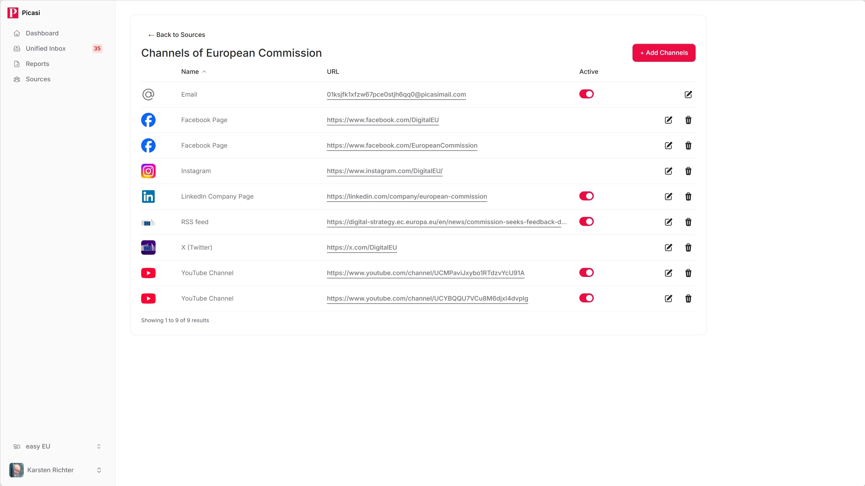 Automatically detected channels after URL analysis: LinkedIn profile, YouTube channel and RSS feed in the list