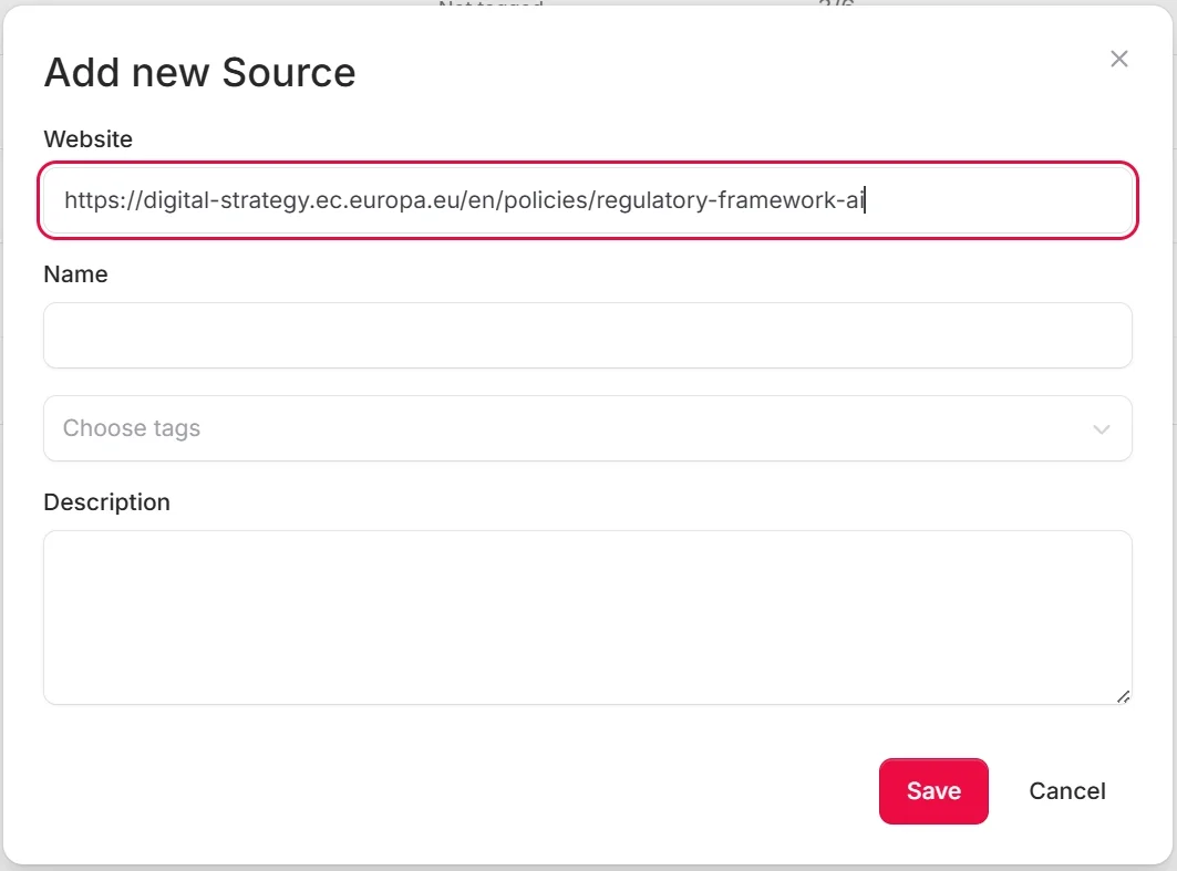 Completed form for creating a source with entered URL, name and save button