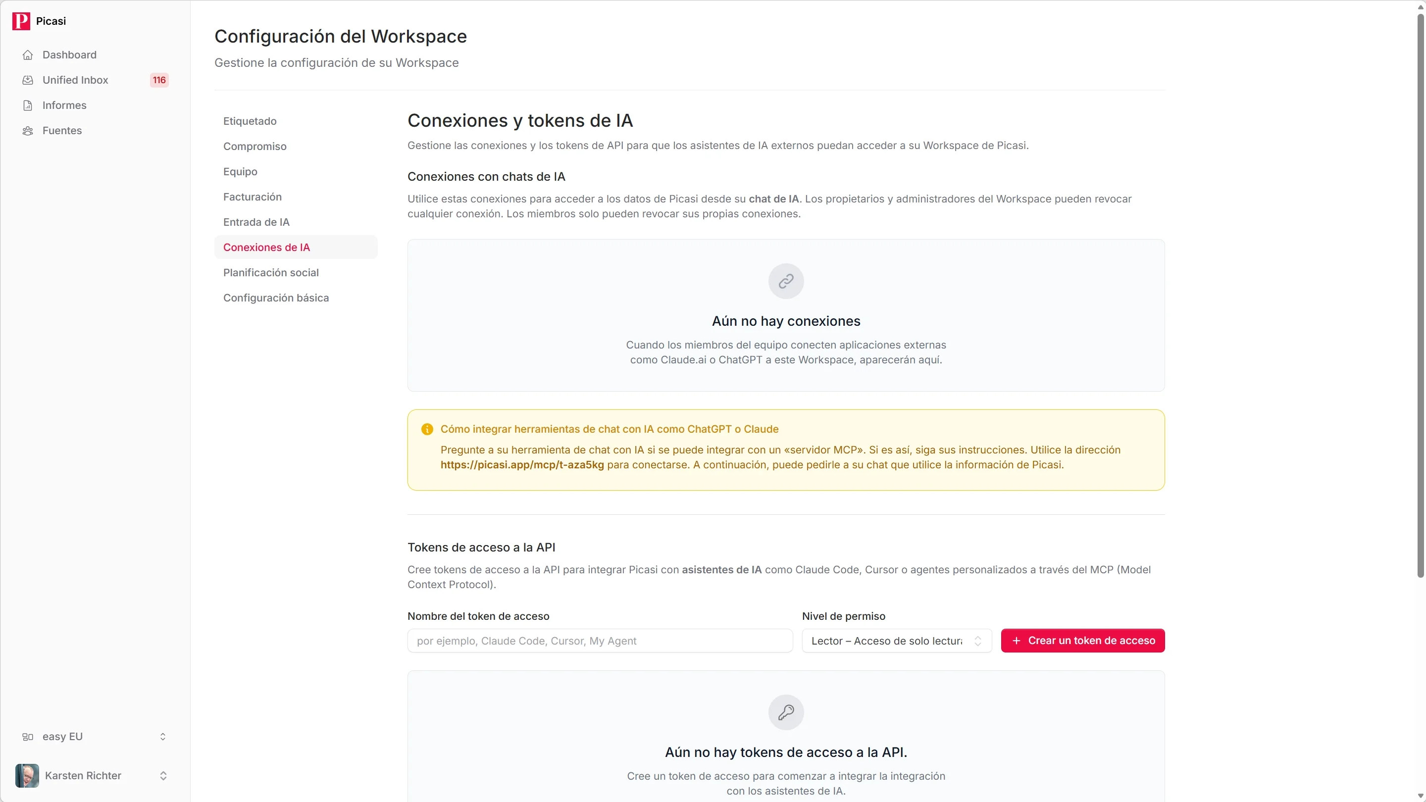 Página de configuración de conexiones de IA y tokens con la lista de tokens vacía y el botón «Crear nuevo token»