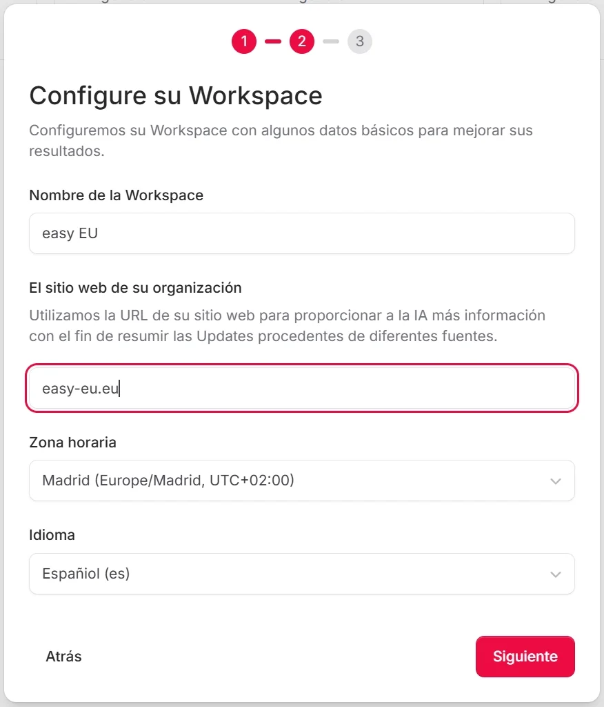 Asistente de incorporación, paso 1, con campo de entrada para el nombre del espacio de trabajo