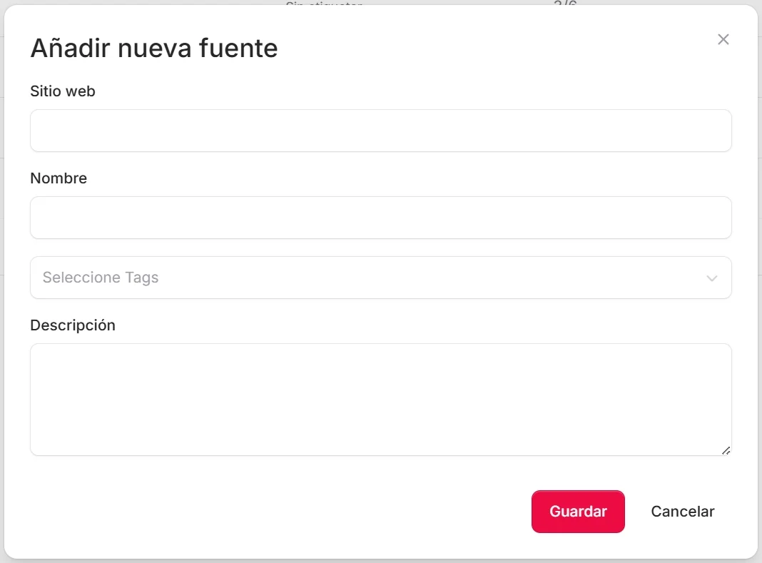 Formulario rellenado para crear una fuente con la URL introducida, el nombre y el botón Guardar