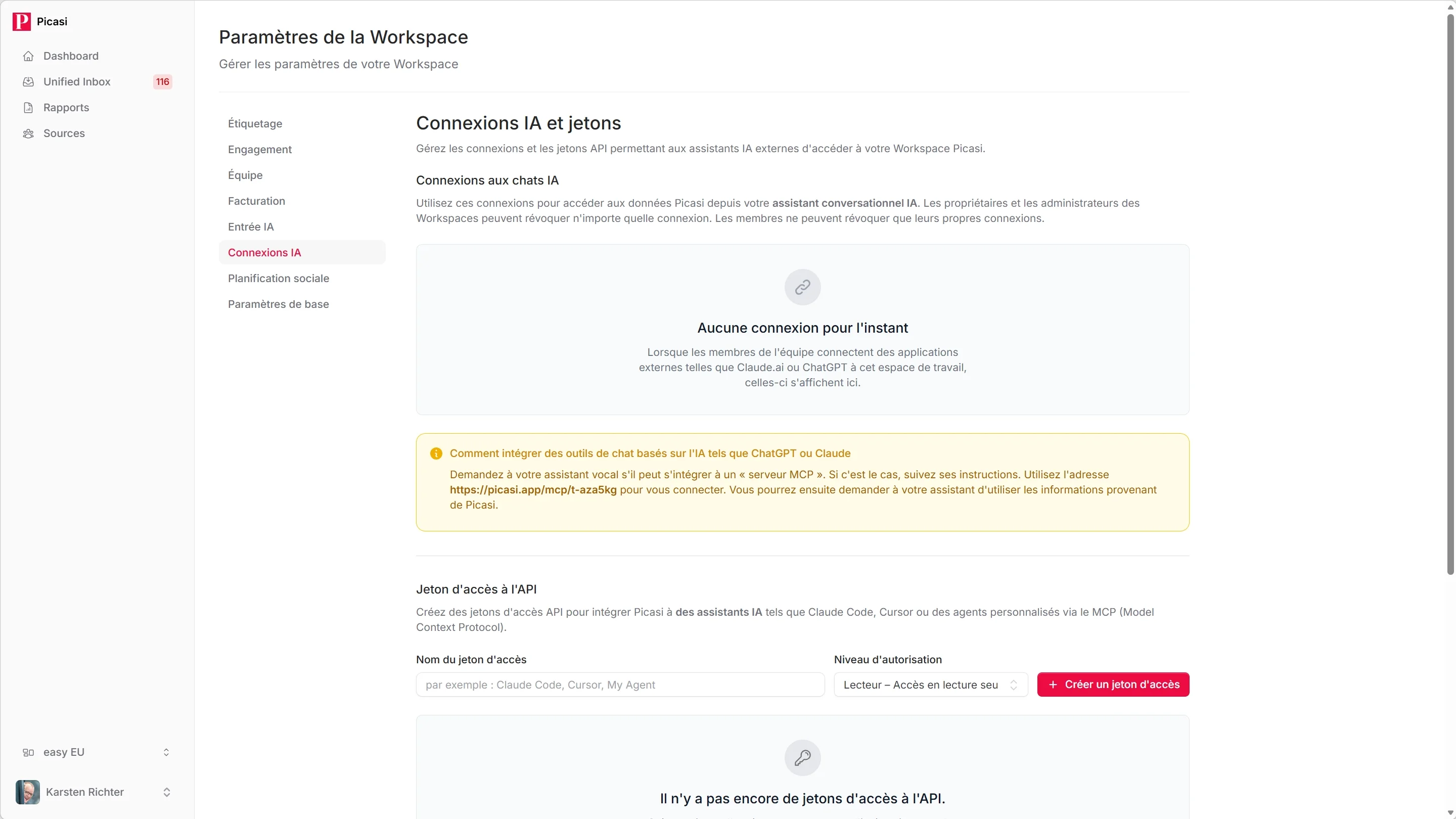 Page de paramètres Connexions IA et jetons avec liste de jetons vide et bouton Créer un nouveau jeton