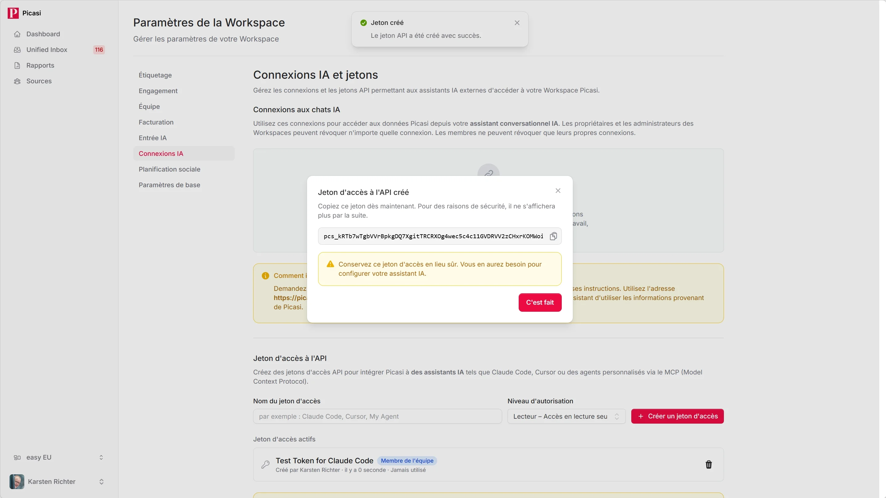 Jeton API nouvellement créé avec chaîne de jeton complète et bouton de copie