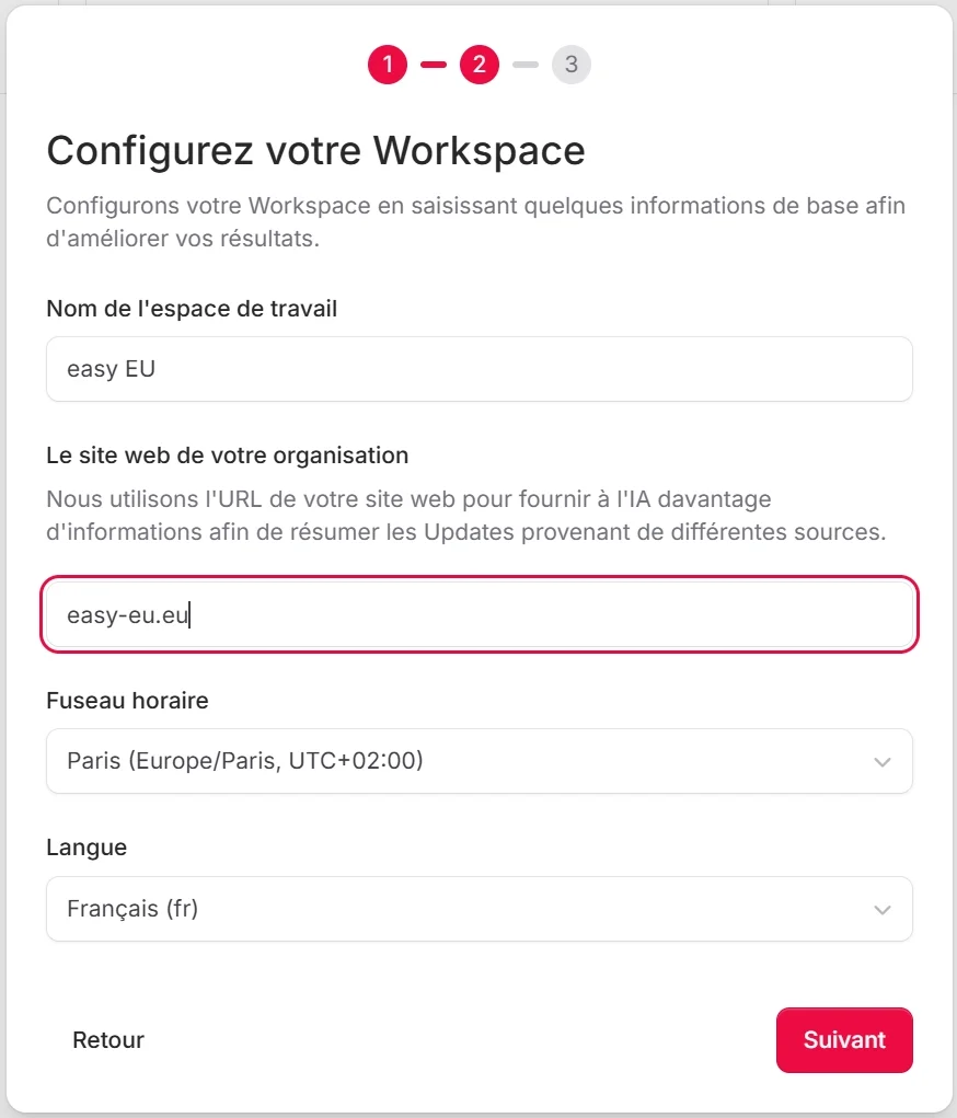 Assistant d'intégration étape 1 avec champ de saisie du nom de l'espace de travail