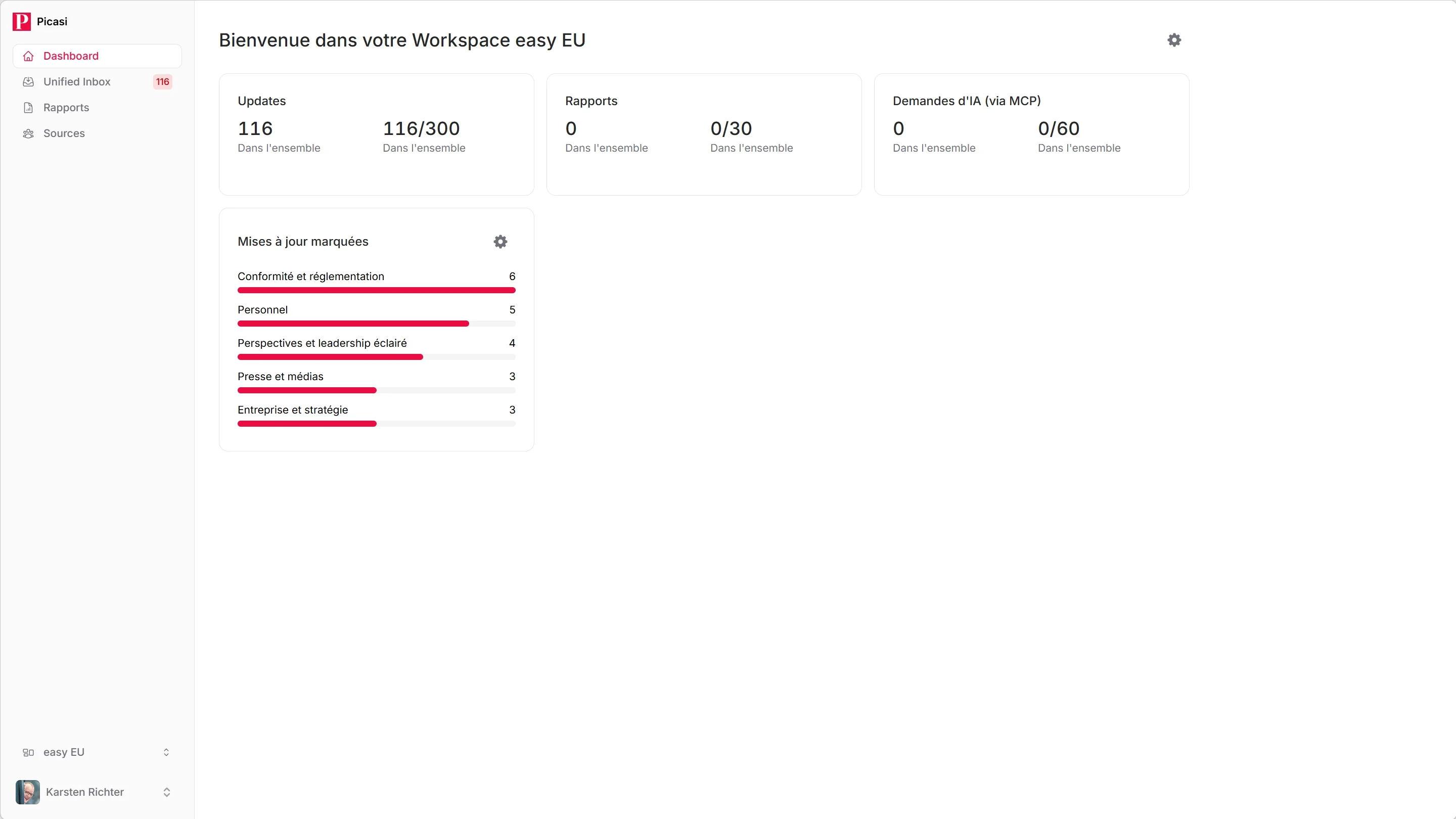 Tableau de bord après l'embarquement avec compteur de mises à jour, sources actives et progression de la limite
