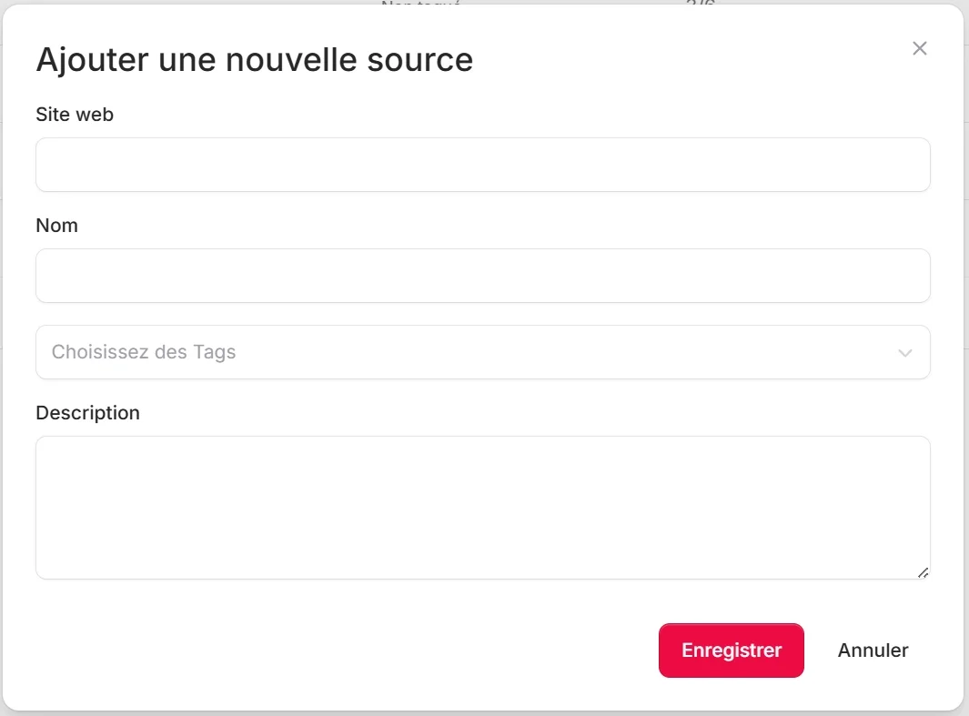 Formulaire rempli pour la création d'une source avec l'URL, le nom et le bouton d'enregistrement
