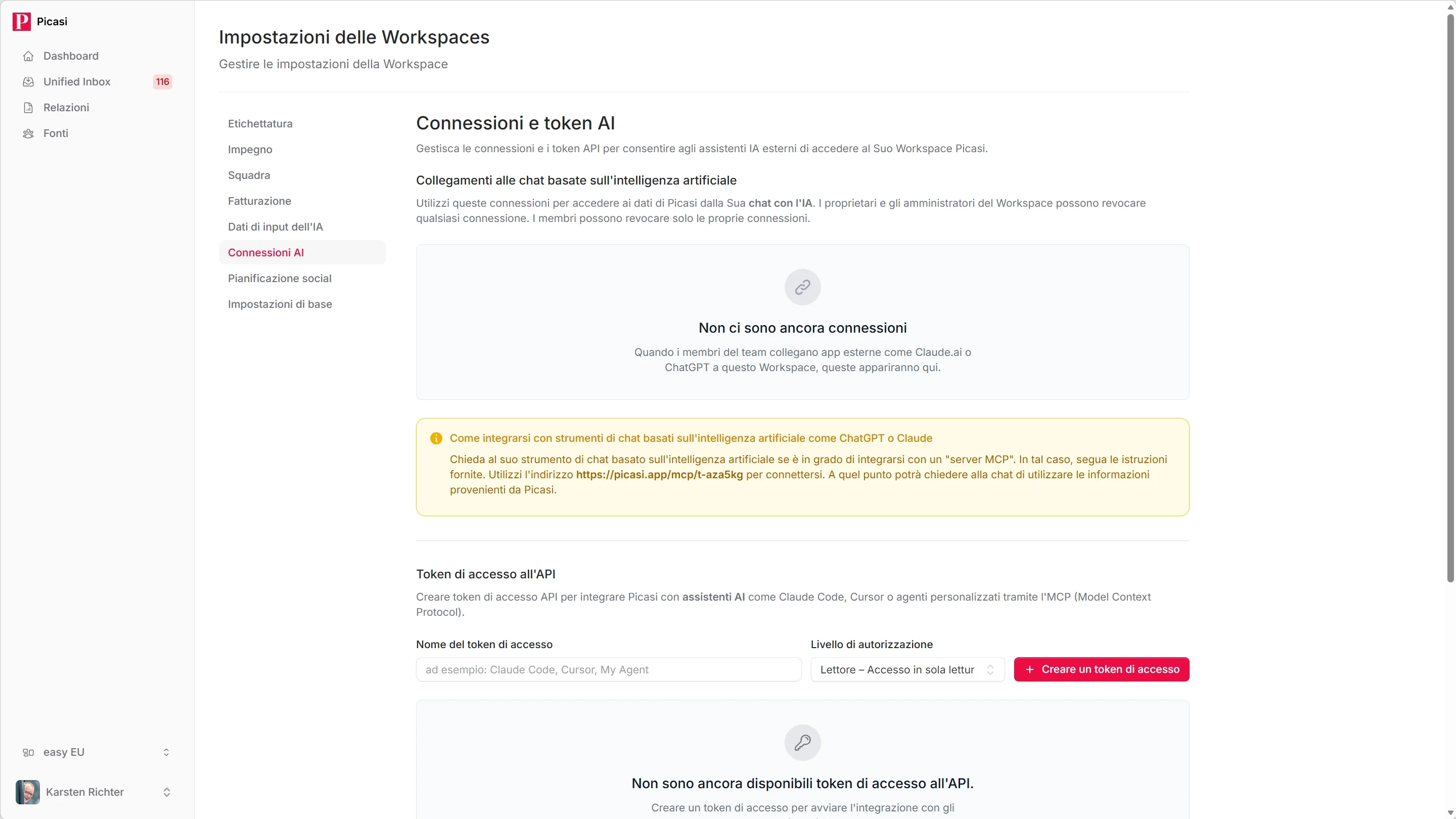 Pagina delle impostazioni delle connessioni e dei token dell'IA con elenco di token vuoto e pulsante Crea nuovo token