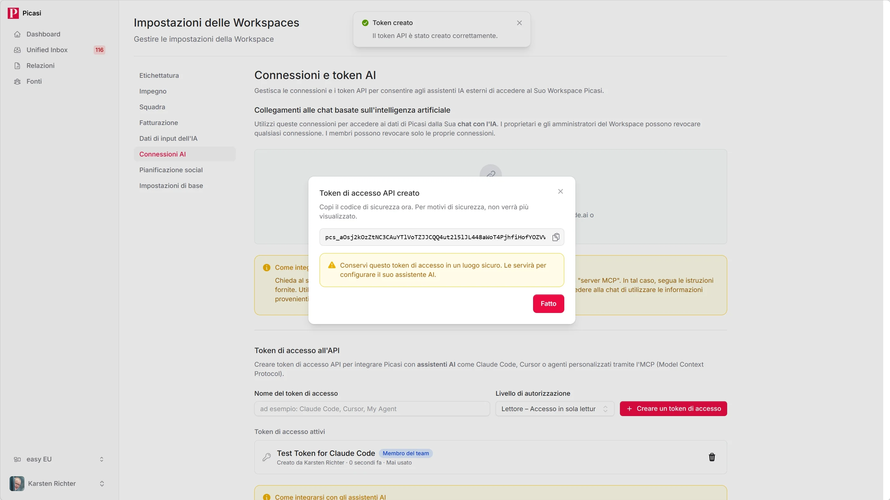Token API appena creato con stringa di token completa e pulsante di copia