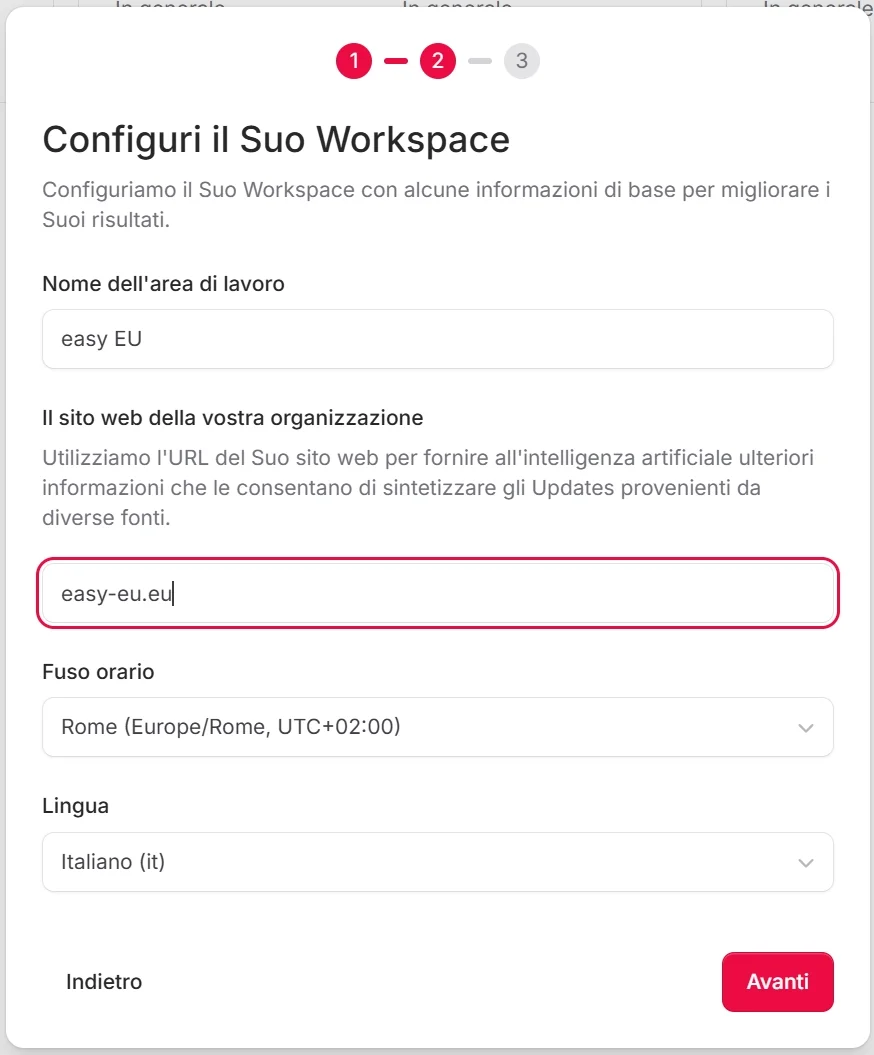Fase 1 della procedura guidata di Onboarding con campo di immissione per il nome dell'area di lavoro