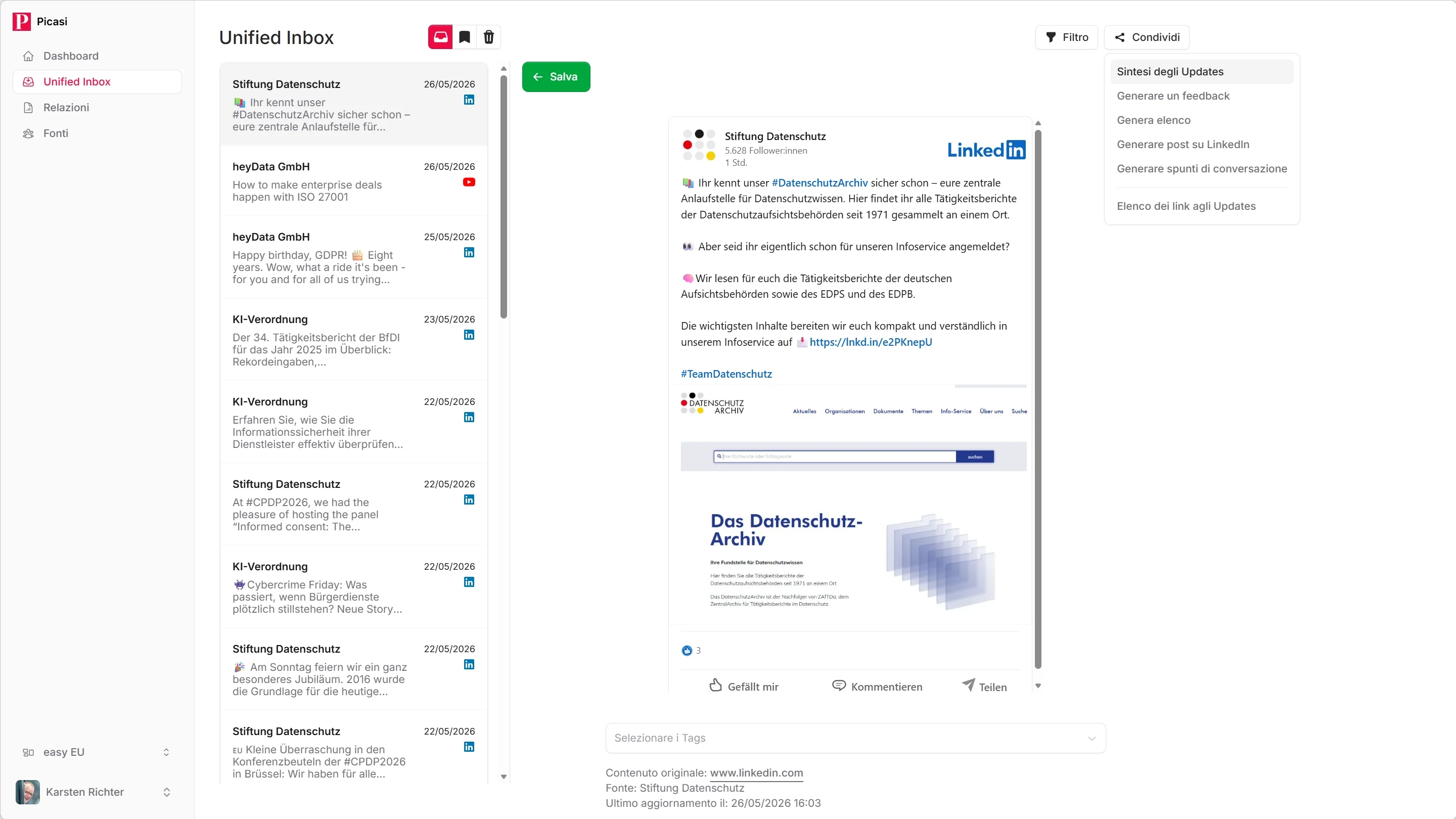 Generatore di report modale con selezione del tipo: Riepilogo, Analisi, Elenco, Messaggi di LinkedIn e Avvii di conversazione