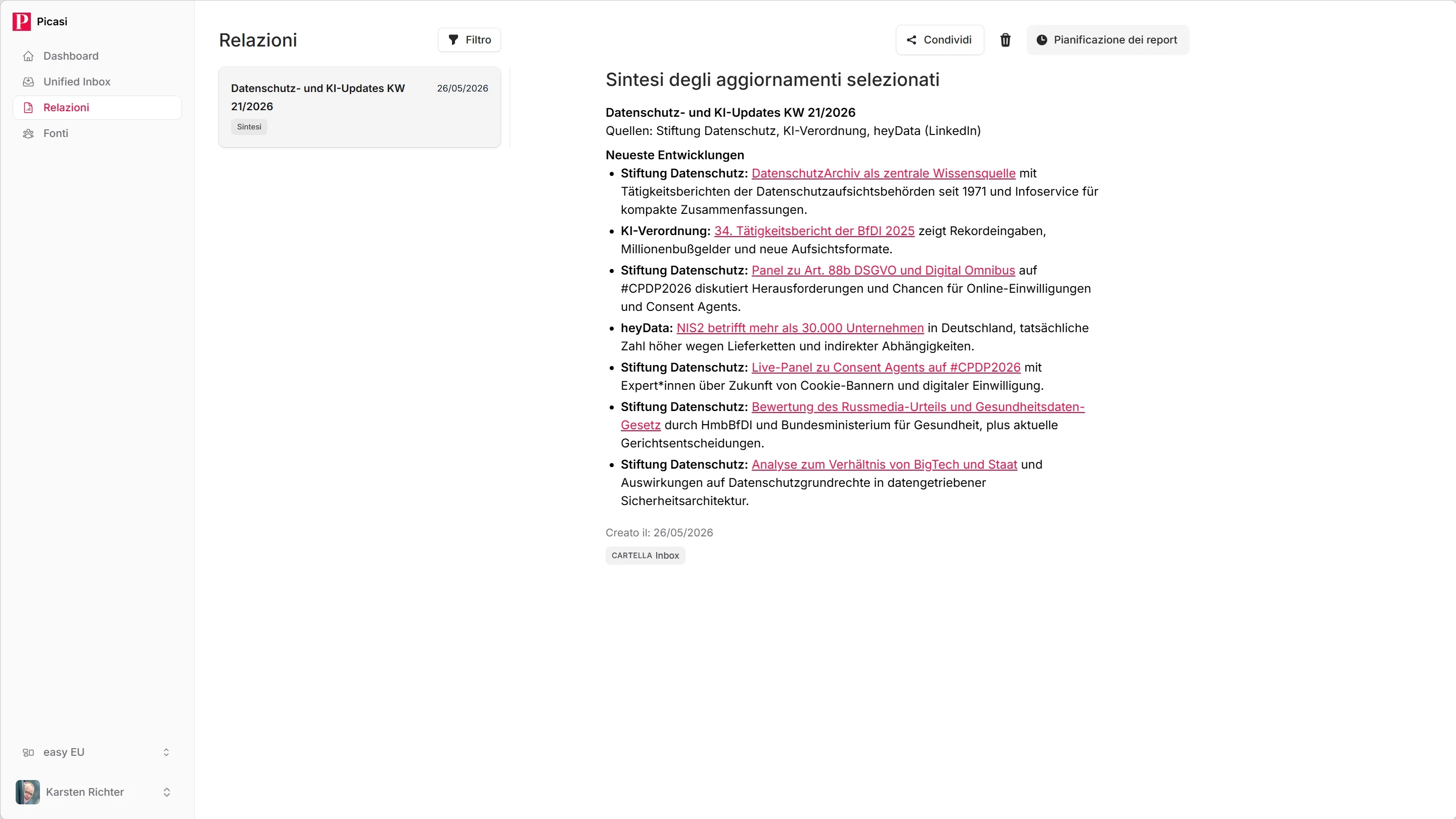 Rapporto di riepilogo completamente generato nella vista di dettaglio con titolo, contenuto e pulsante di esportazione