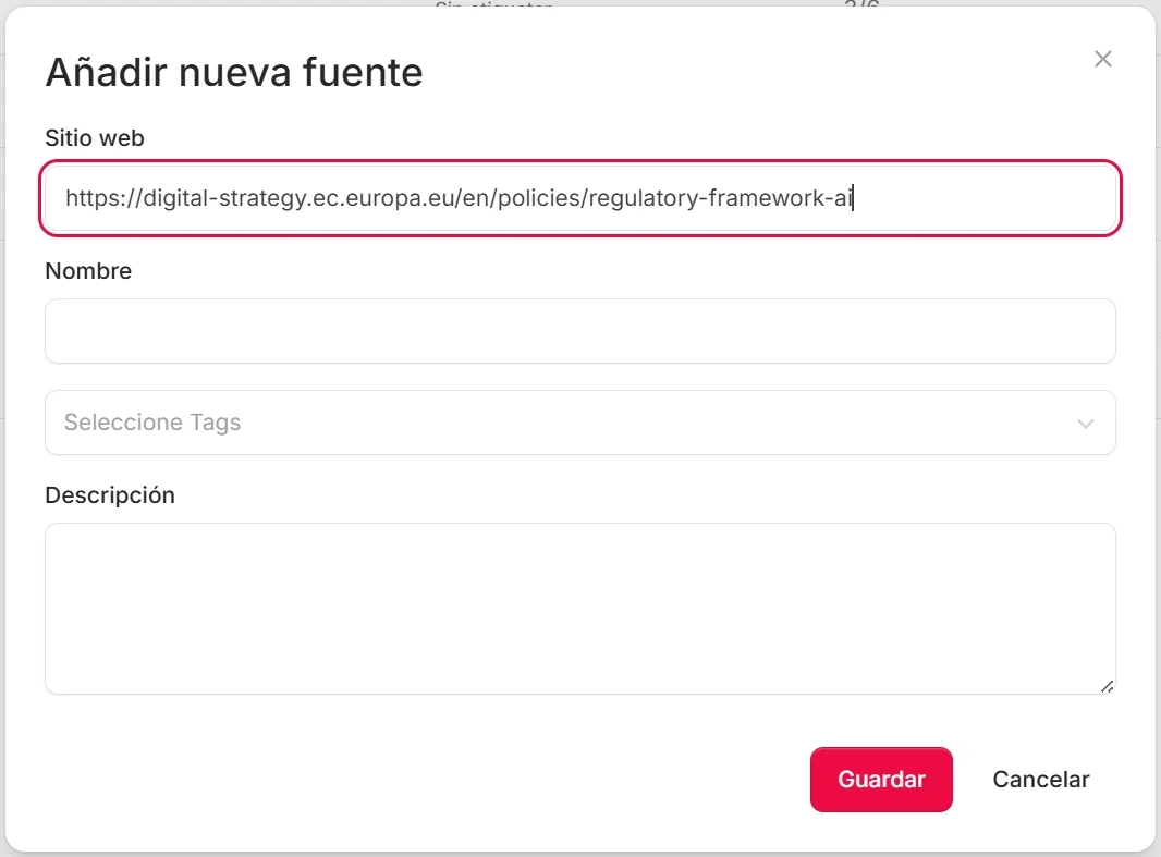 Modulo «Nuova fonte» vuoto con i campi URL, nome e tag