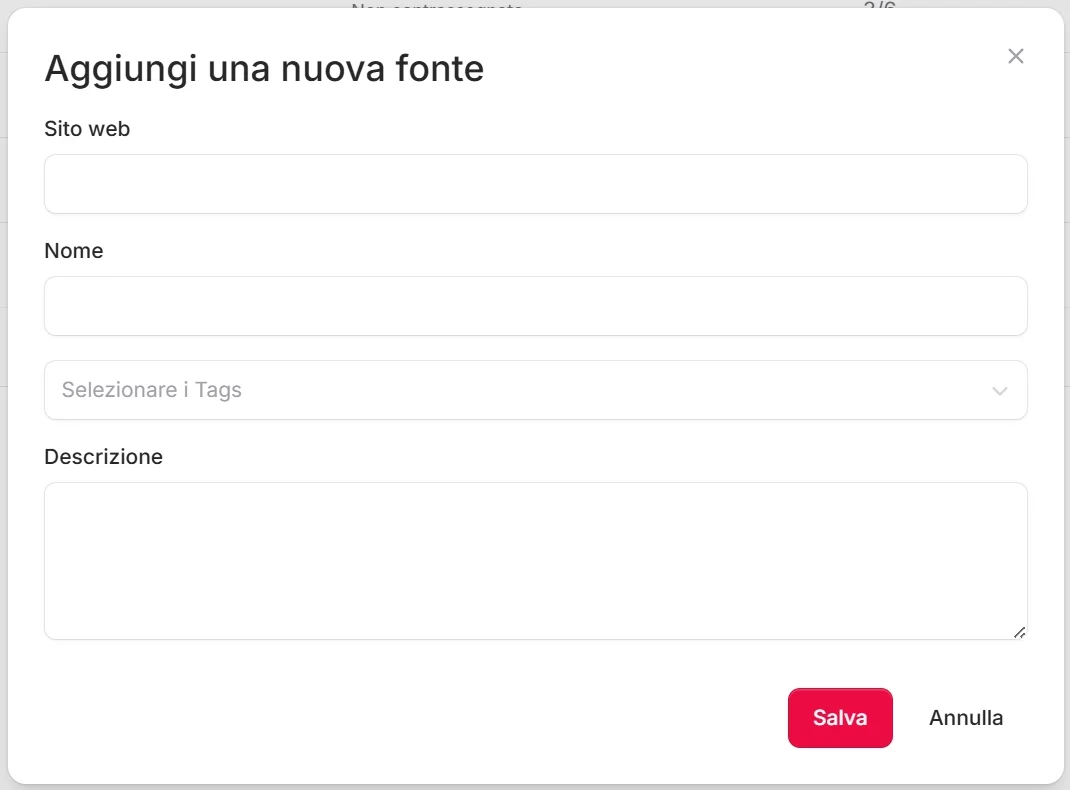 Modulo compilato per la creazione di una sorgente con URL, nome e pulsante di salvataggio inseriti