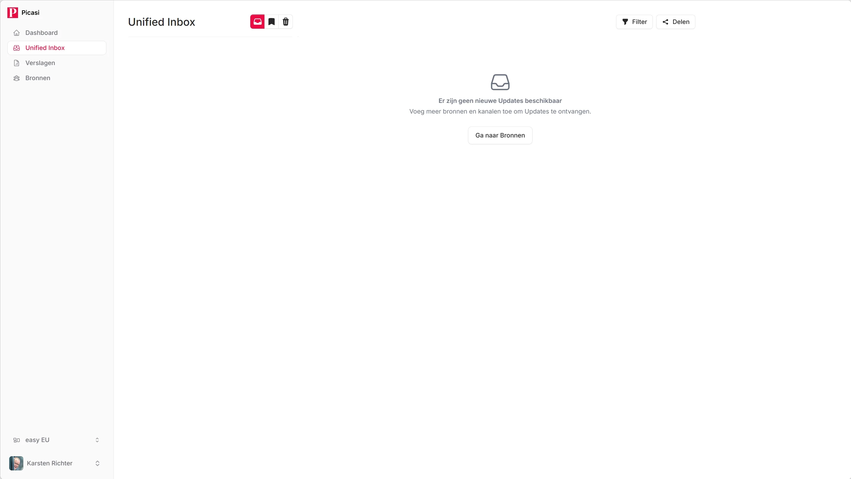 Inbox met de drie maptabbladen Inbox, Opgeslagen en Verworpen en de updatelijst aan de linkerkant