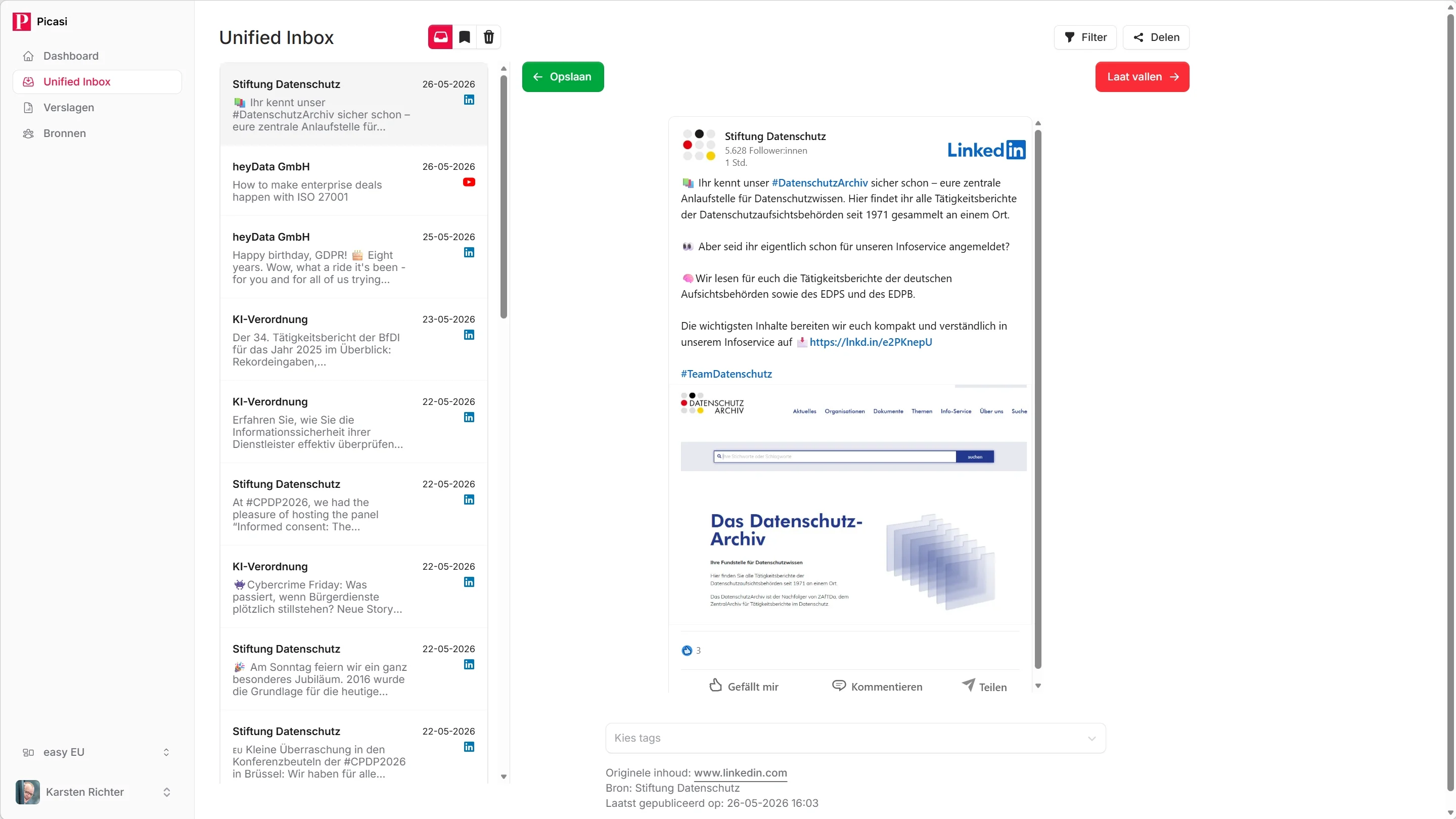 Detailweergave van een Update met volledige tekst, knoppen Opslaan en Verwijderen en link naar het origineel