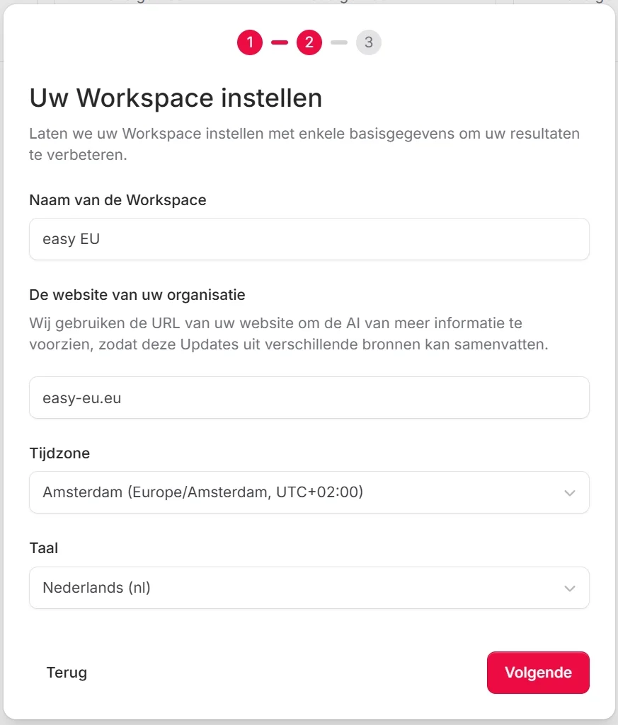 Onboarding wizard stap 1 met invoerveld voor de naam van de werkruimte