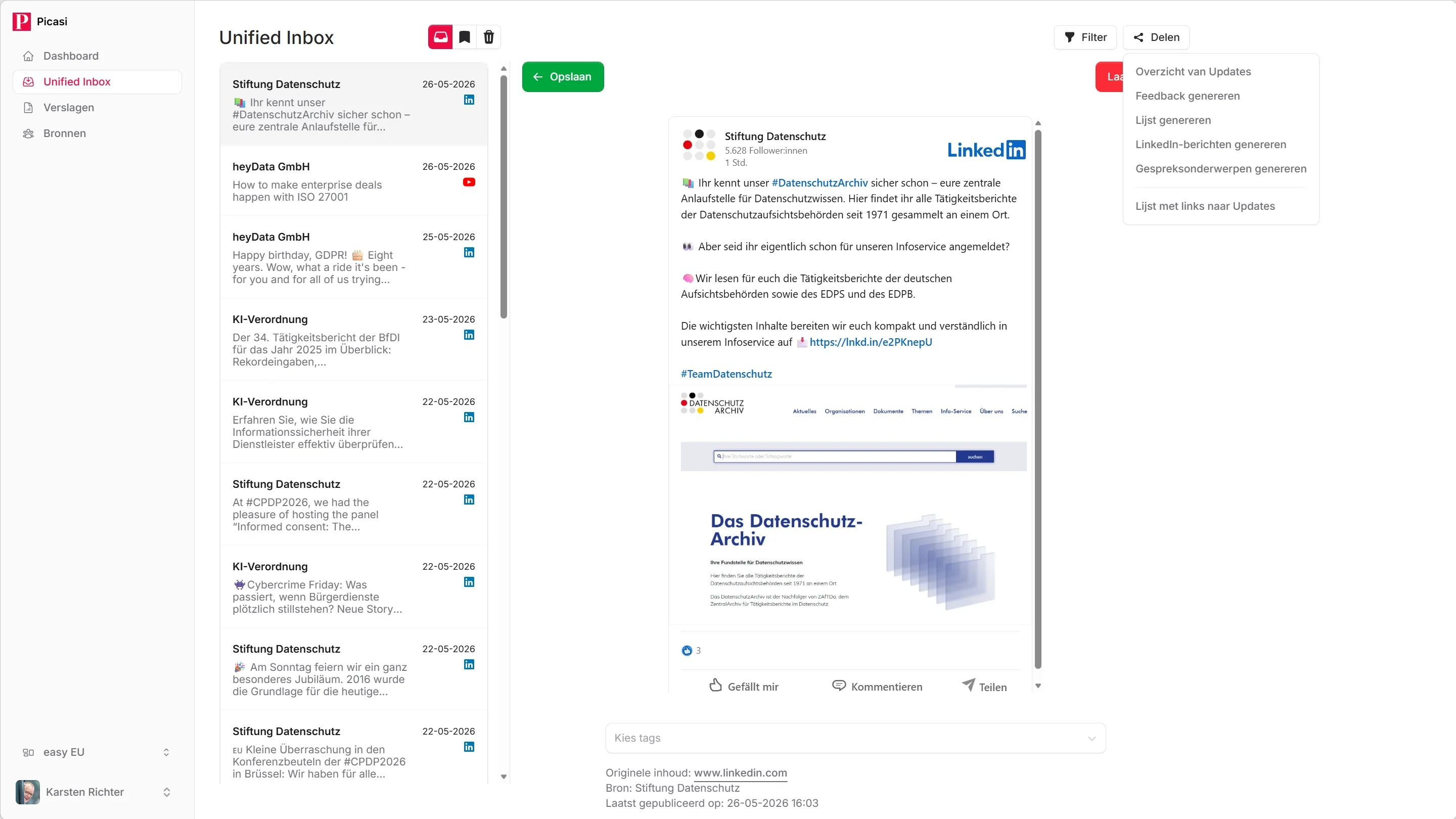 Modaal rapportgenerator met type selectie: Samenvatting, Analyse, Lijst, LinkedIn berichten en Gespreksstarters