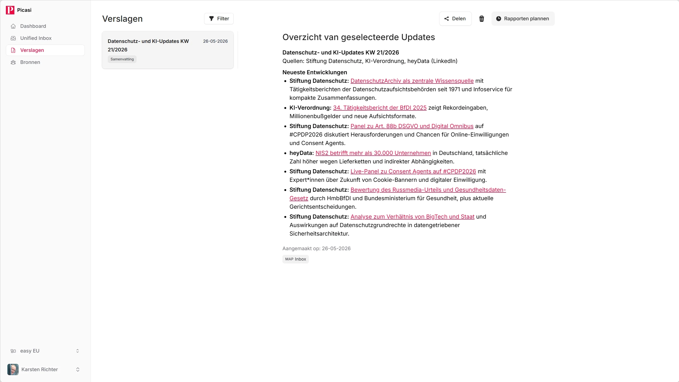 Volledig gegenereerd overzichtsrapport in de detailweergave met titel, inhoud en exportknop