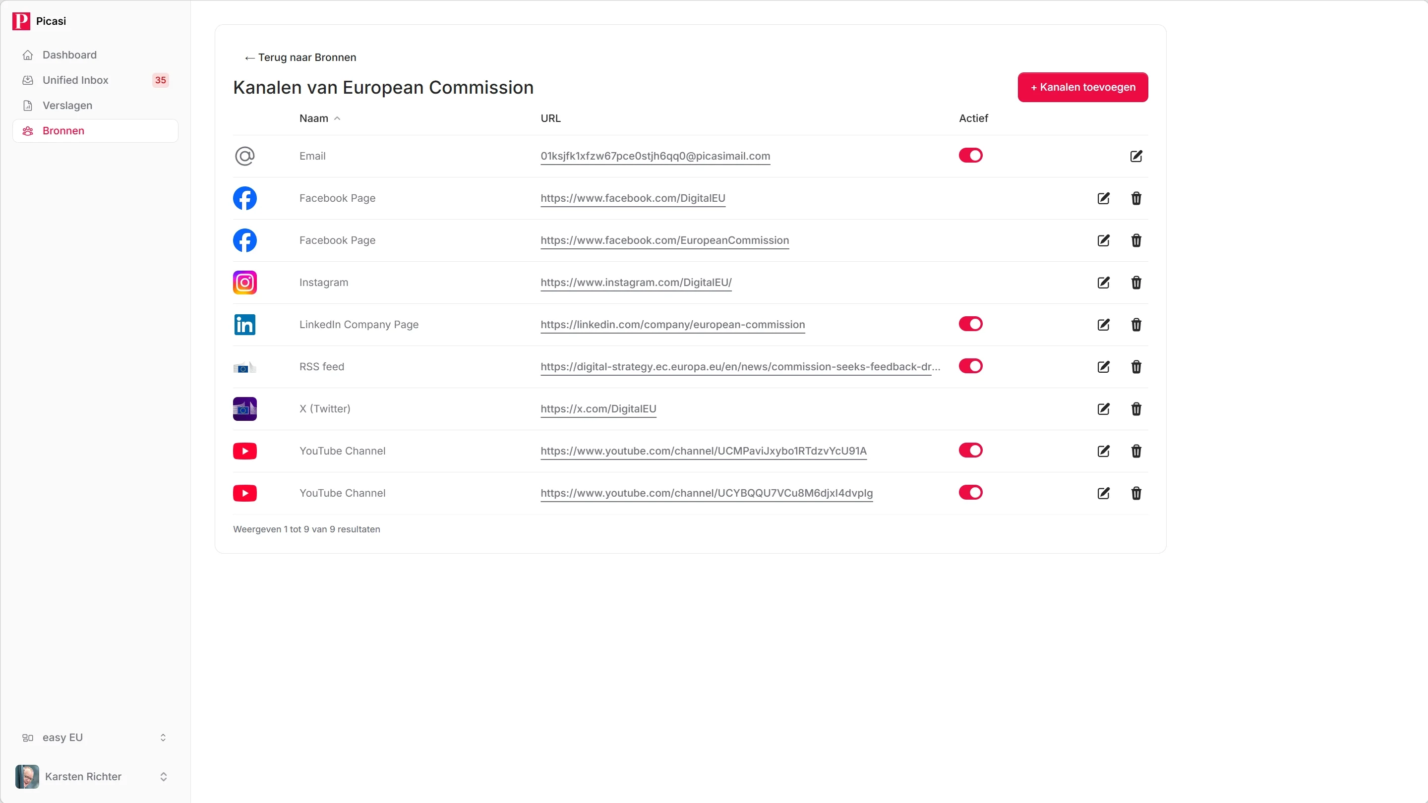 Automatisch gedetecteerde kanalen na URL-analyse: LinkedIn-profiel, YouTube-kanaal en RSS-feed in de lijst