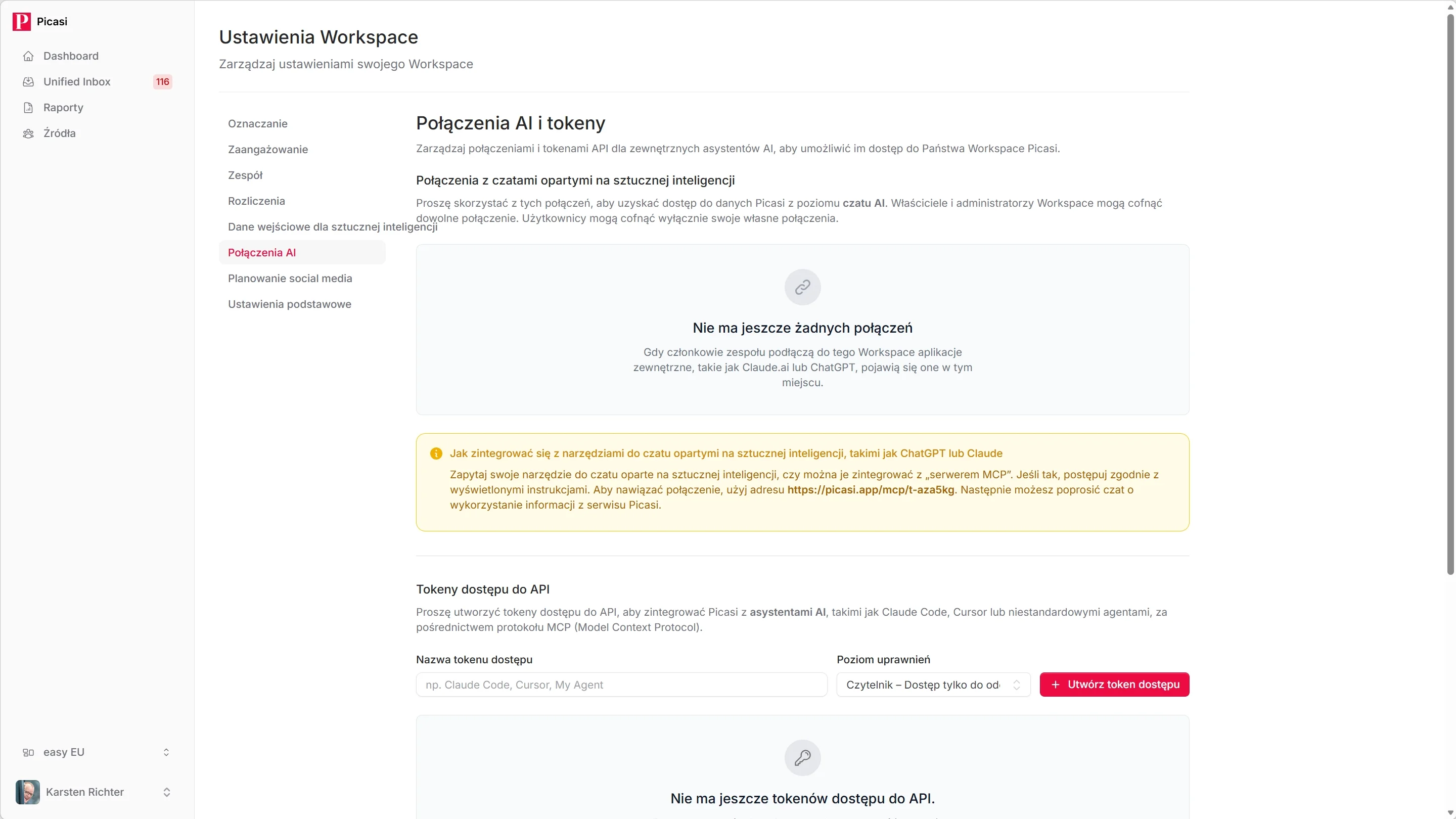 Strona ustawień połączeń AI i tokenów z pustą listą tokenów i przyciskiem Utwórz nowy token