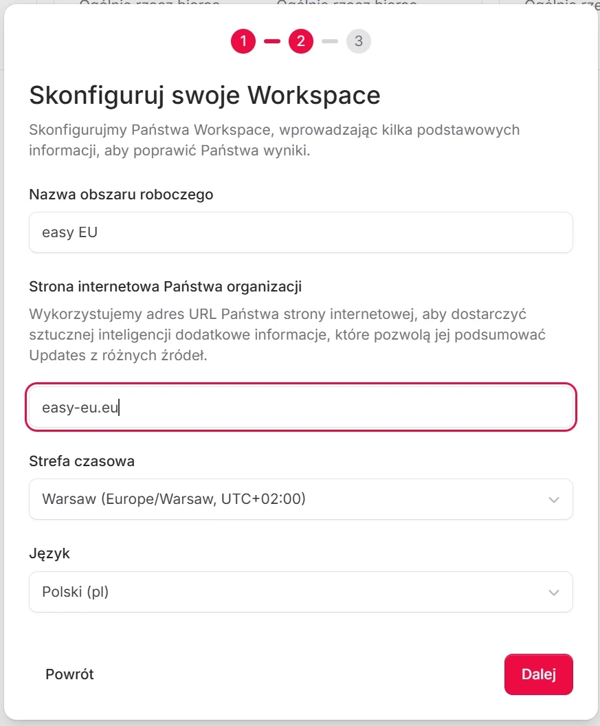 Krok 1 kreatora wdrażania z polem wprowadzania nazwy obszaru roboczego