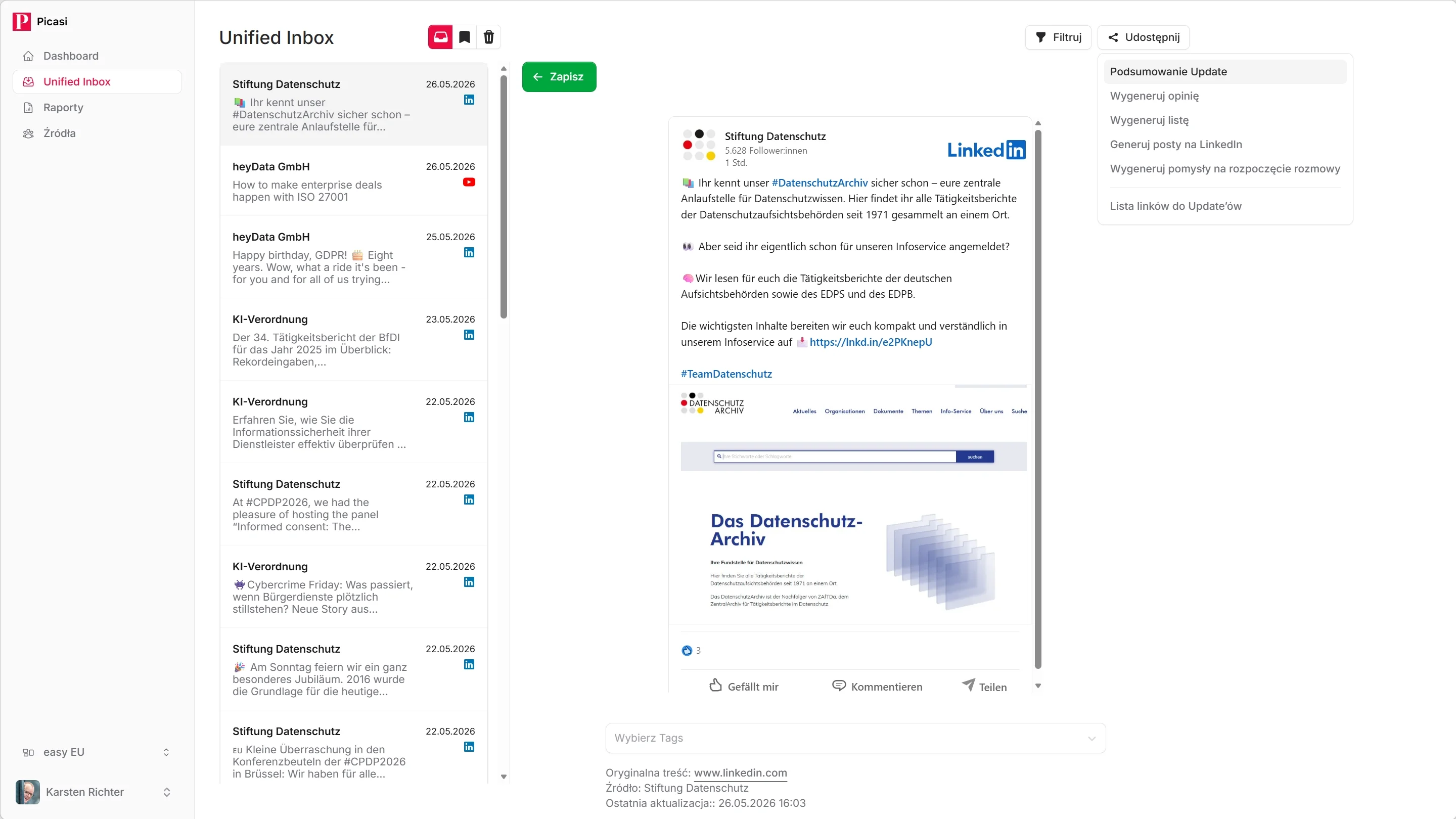 Modalny generator raportów z wyborem typu: Podsumowanie, Analiza, Lista, Posty LinkedIn i Startery konwersacji