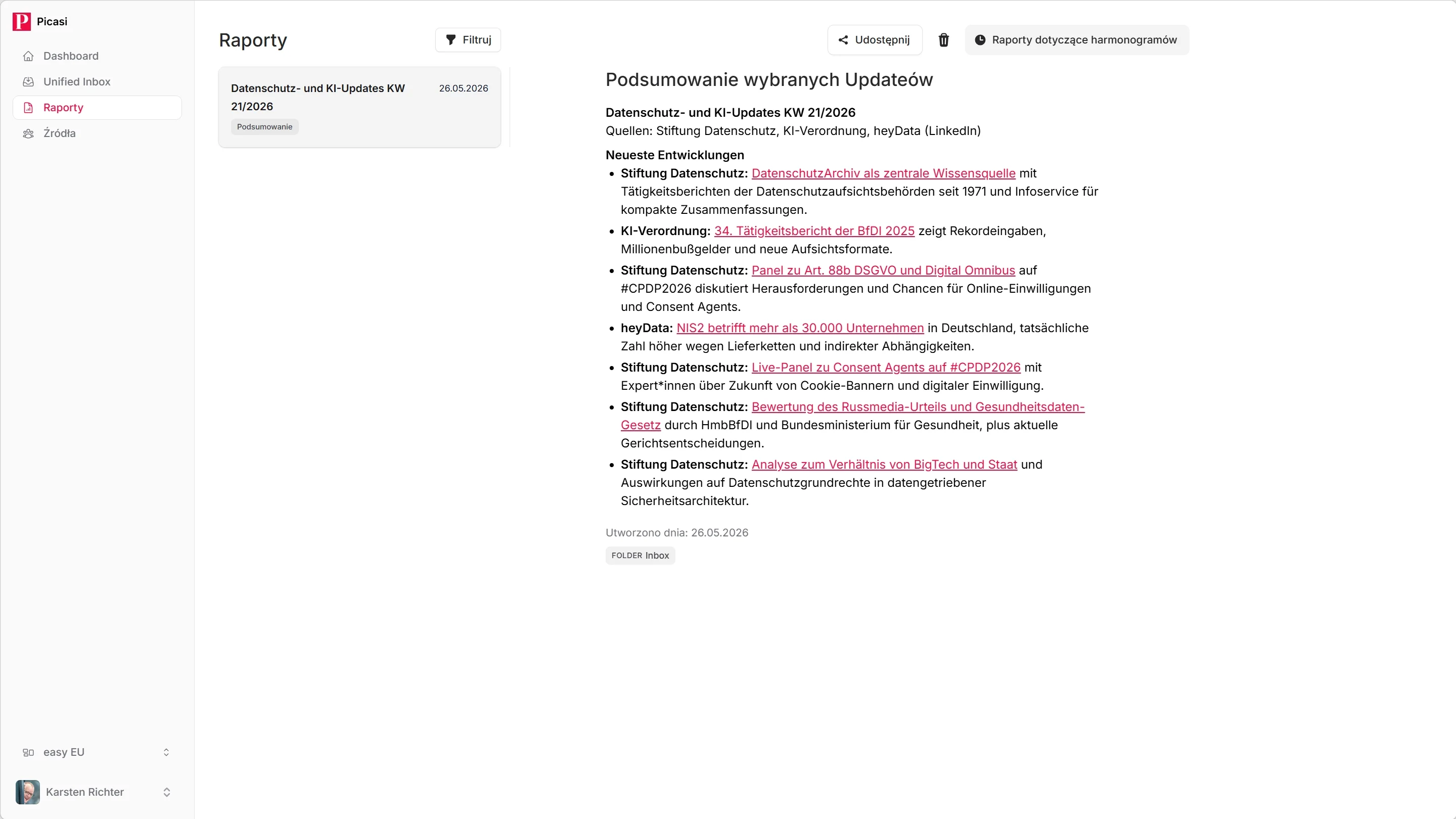 Kompletnie wygenerowany raport podsumowujący w widoku szczegółowym z tytułem, zawartością i przyciskiem eksportu