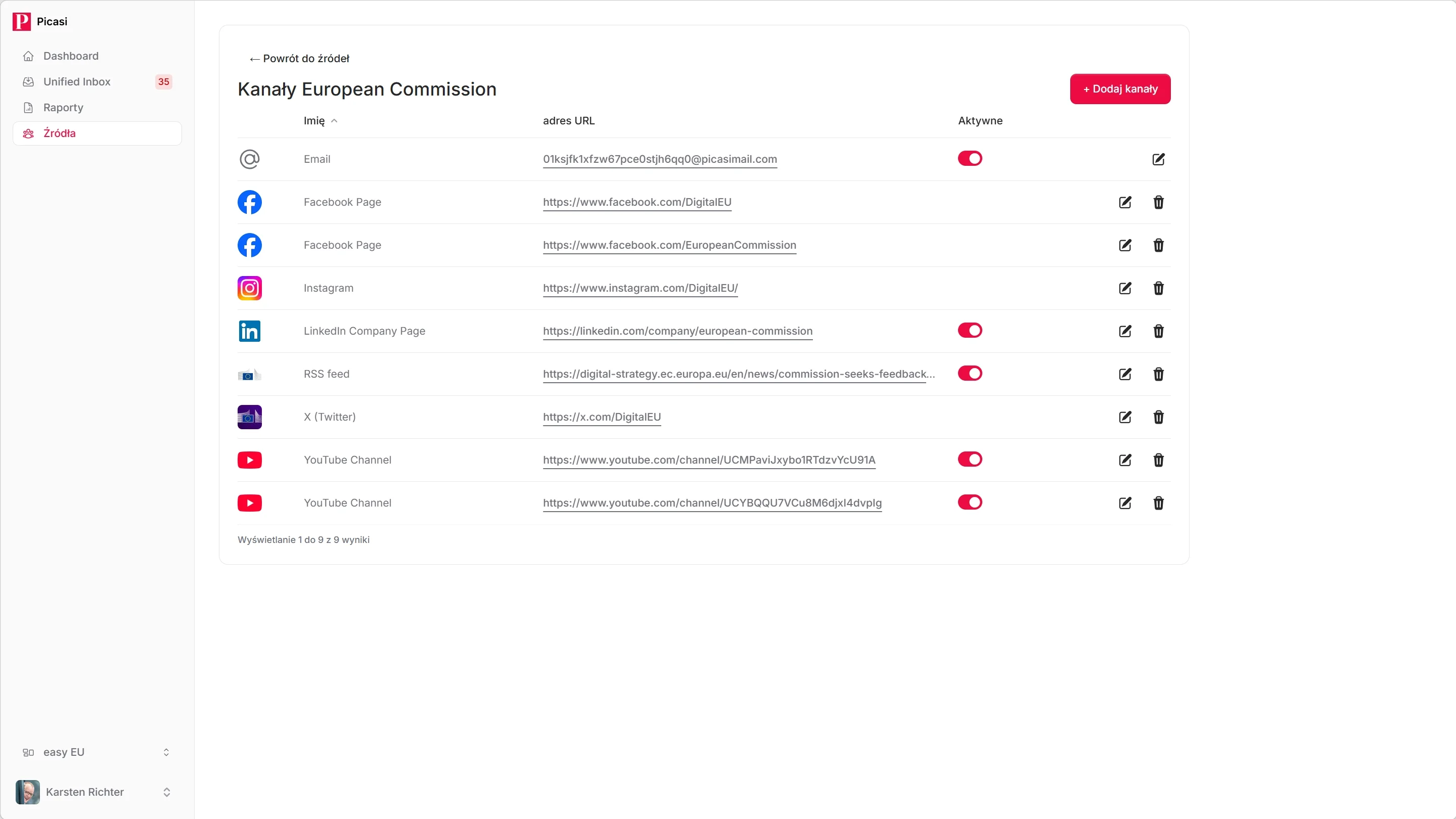 Automatycznie wykrywane kanały po analizie adresu URL: profil LinkedIn, kanał YouTube i kanał RSS na liście