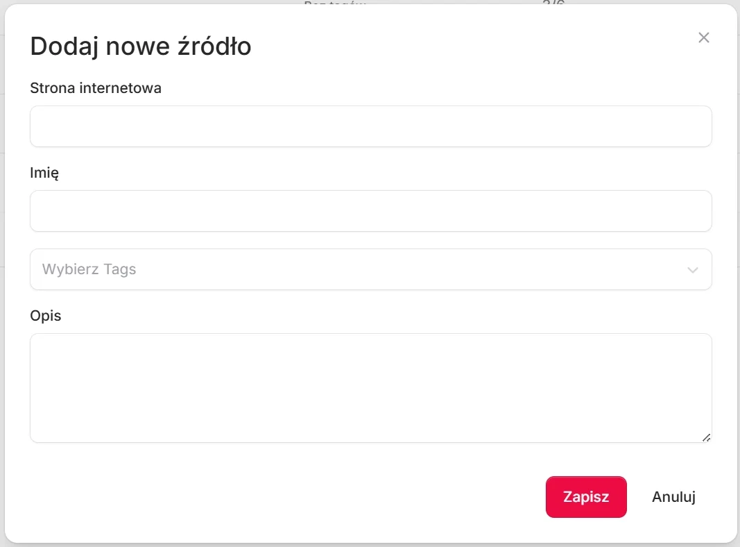 Wypełniony formularz tworzenia źródła z wprowadzonym adresem URL, nazwą i przyciskiem zapisu