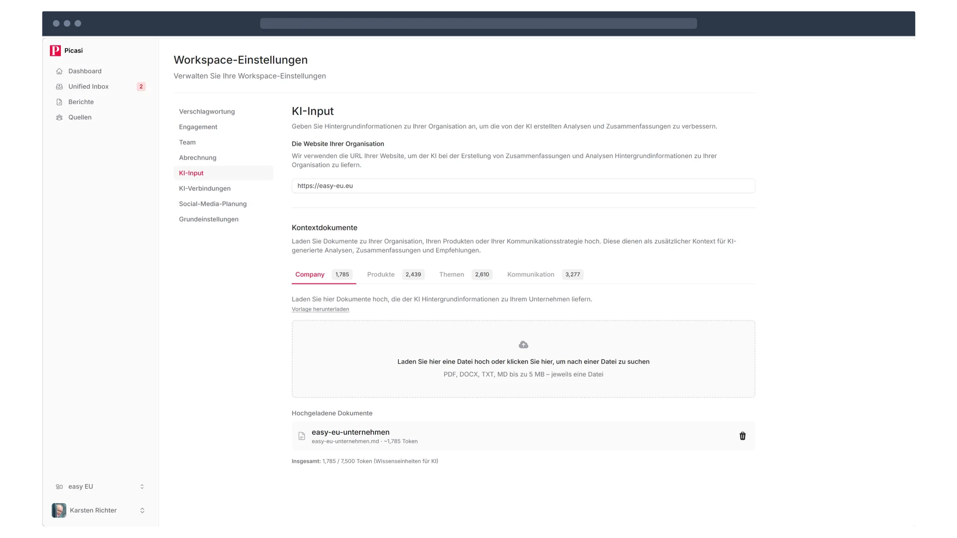 Picasi Kontext-Dokumente – eigene Dokumente für maßgeschneiderte KI-Analysen