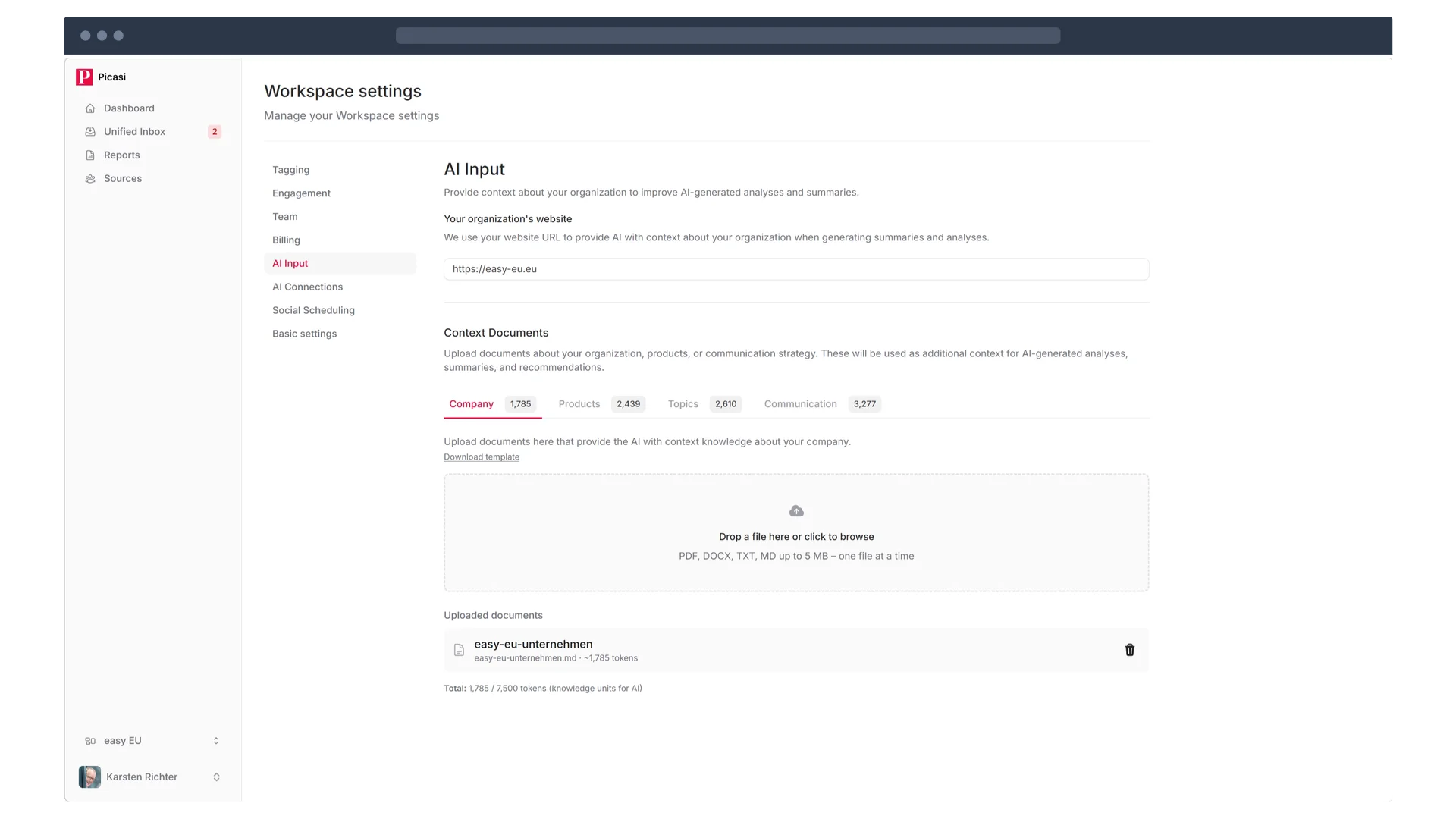 Picasi Context Documents – upload your own documents for tailored AI analyses