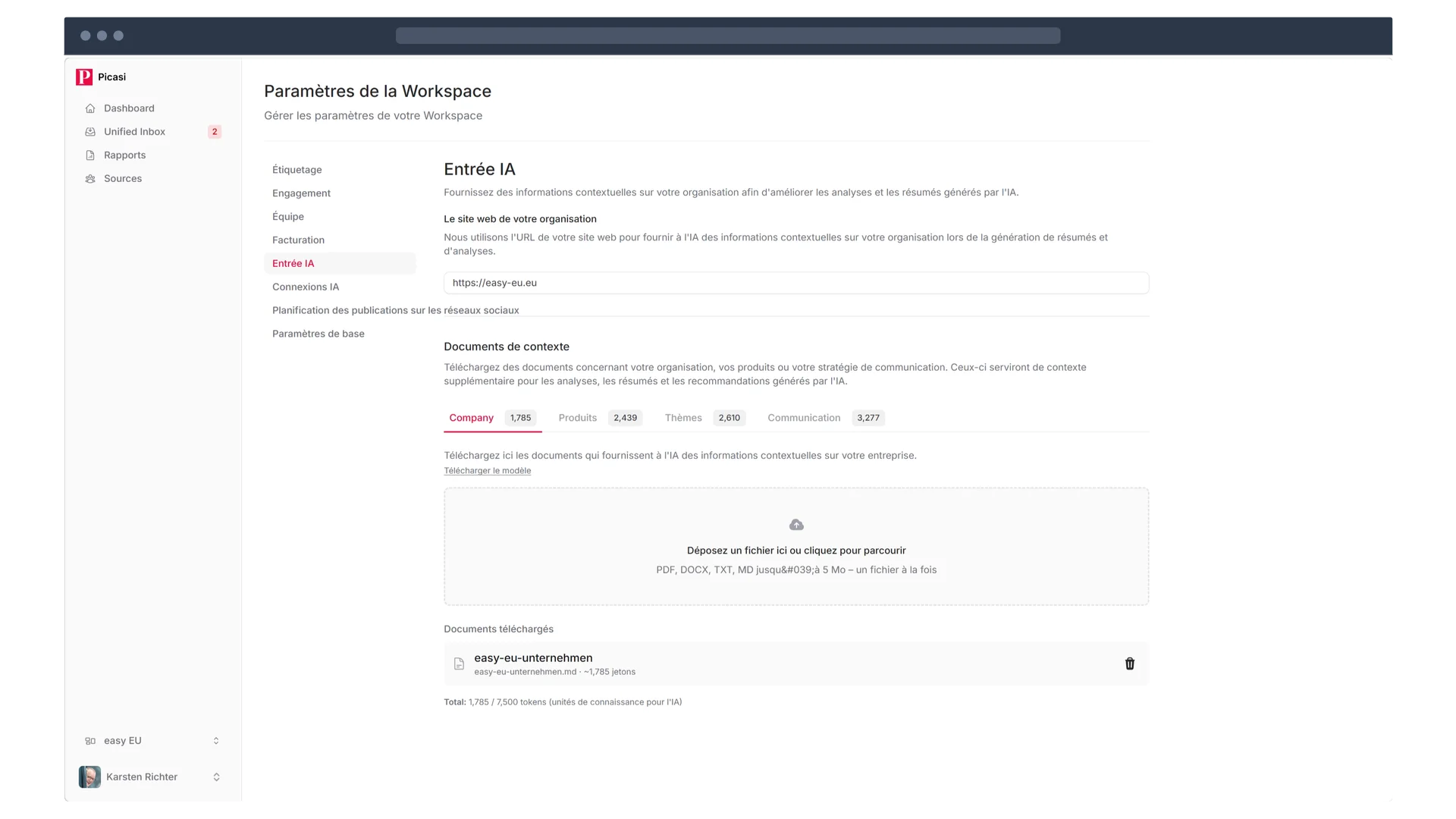 Documents contextuels IA – téléchargez vos propres documents pour des analyses personnalisées