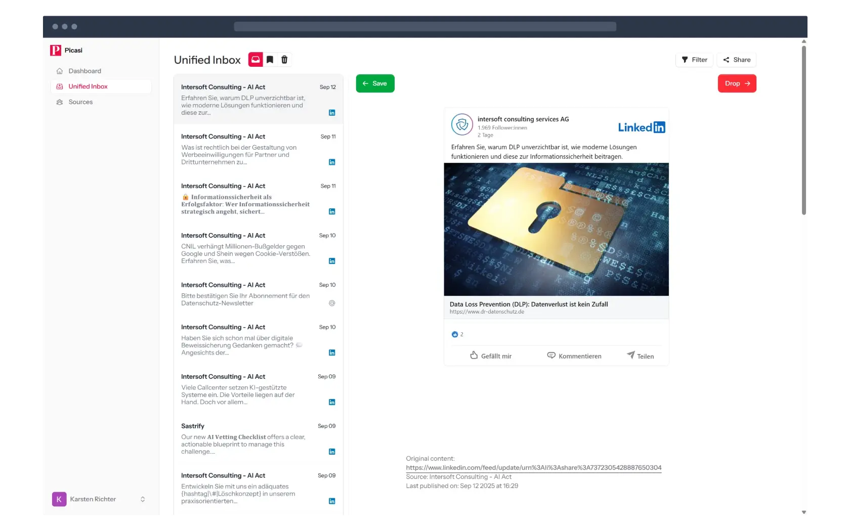 In der Unified Inbox von Picasi sehen Sie alle relavanten Updates im Überblick. Von alle Quellen. Aus allen Kanälen. Alles an einem Ort.